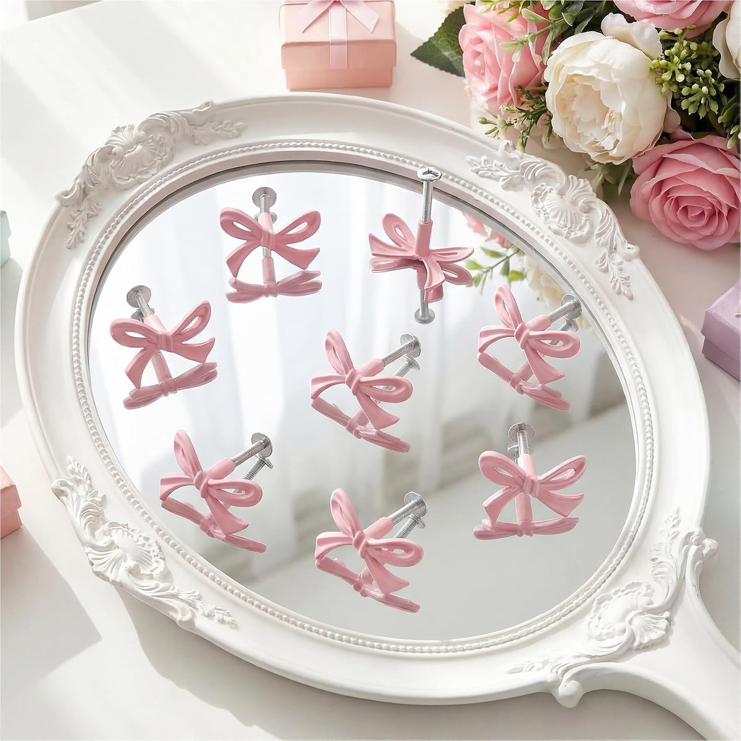 Bow Drawer Knobs Brass Bow Knobs for Dresser Decorative Brass Drawer / Small Size / Pink / Set of 8