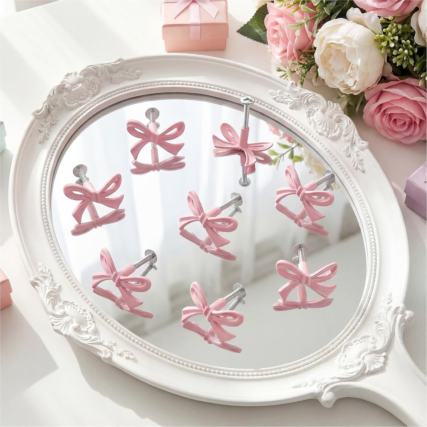 Bow Drawer Knobs Brass Bow Knobs for Dresser Decorative Brass Drawer / Small Size / Pink / Set of 8