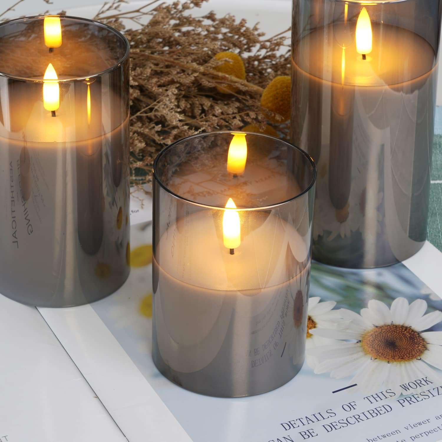 Amagic Gray Glass Flameless LED Candles Battery Operated with Remote Timer | Real Wax Pillar Electric Candle