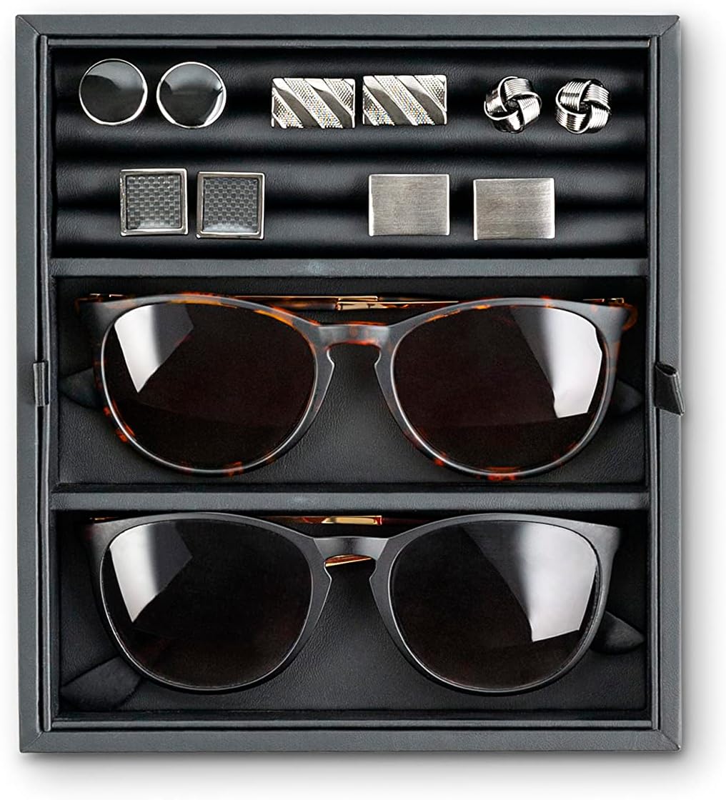 Glenor Co Valet Jewelry Box for Men - Holds 4 Watches, 12 cufflinks, 2 Sunglasses & Tray Storage - Mens Watch Case