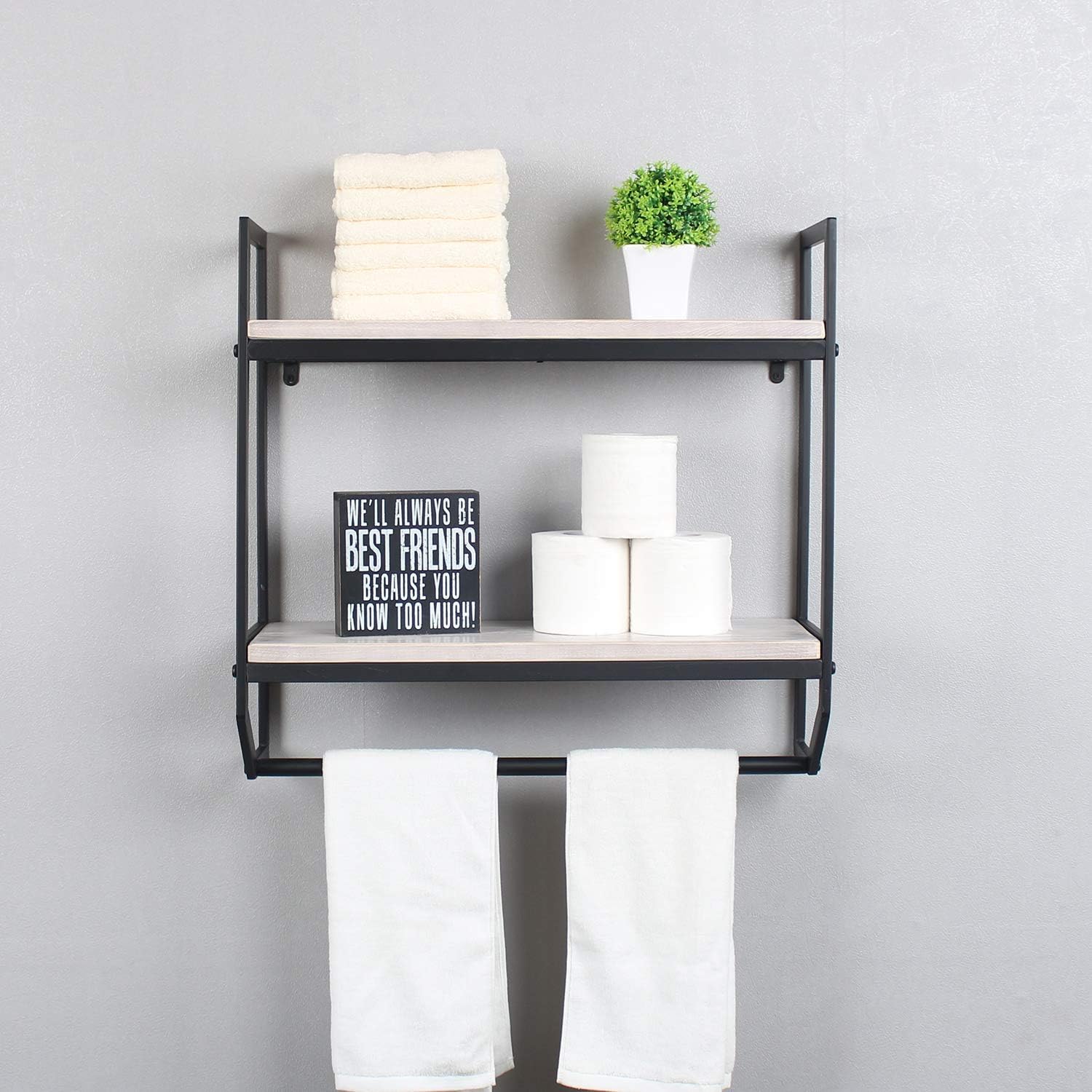 2-Tier Metal Industrial 23.6" Bathroom Shelves Wall Mounted,Rustic Wall Shelf Over Toilet,Towel Rack with Towel