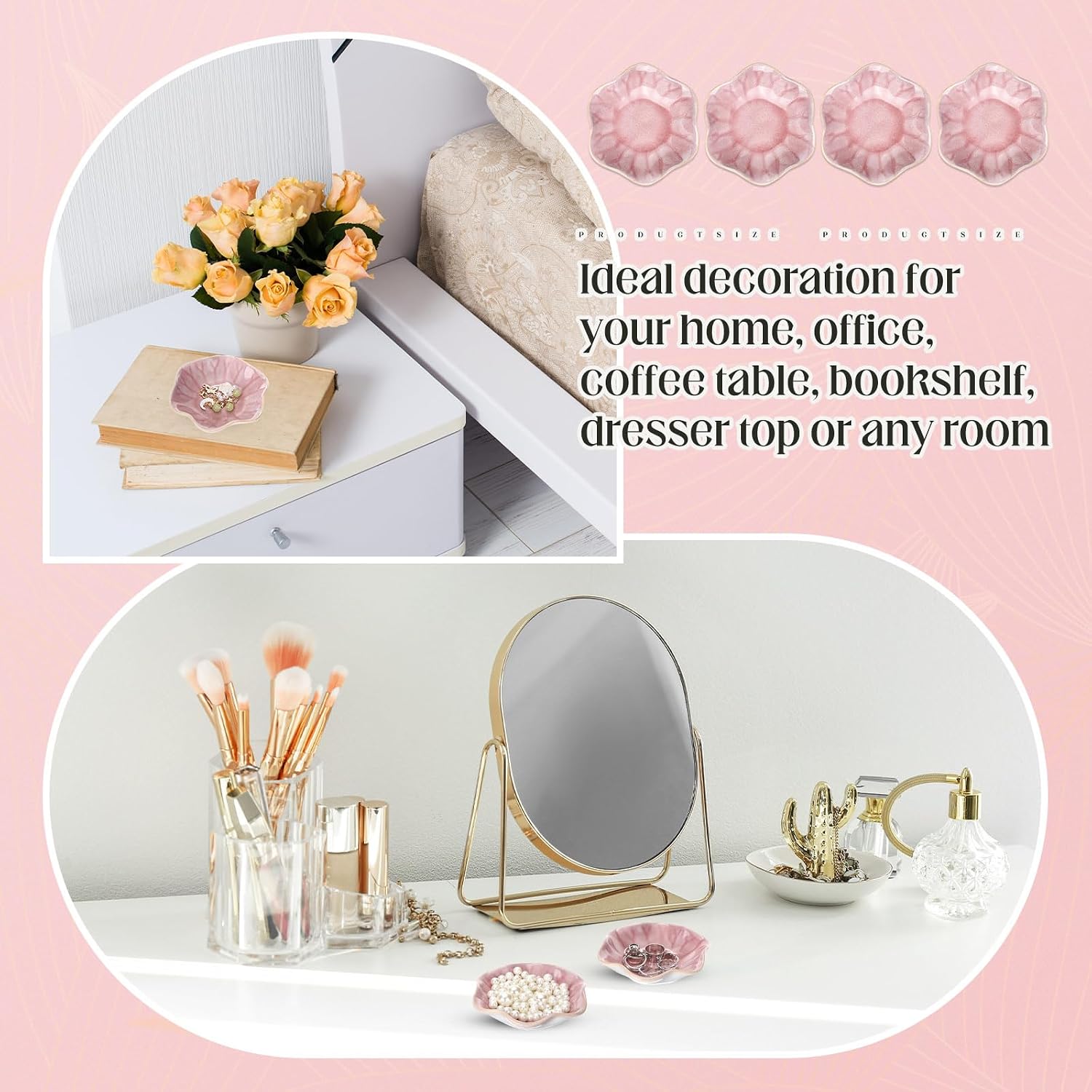 Small Jewelry Dish Trinket Holder Tray for Rings Earrings Key Bowl Women / Pink / Ceramic / Set of 4