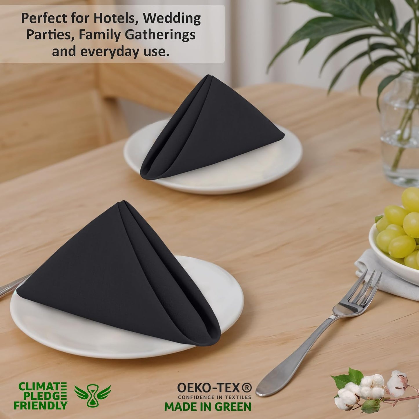 Ruvanti Cloth Napkins Set of 12, 100% Cotton 18”x18” - Black Beauty | Washable, Soft, Durable & Absorbent Everyday