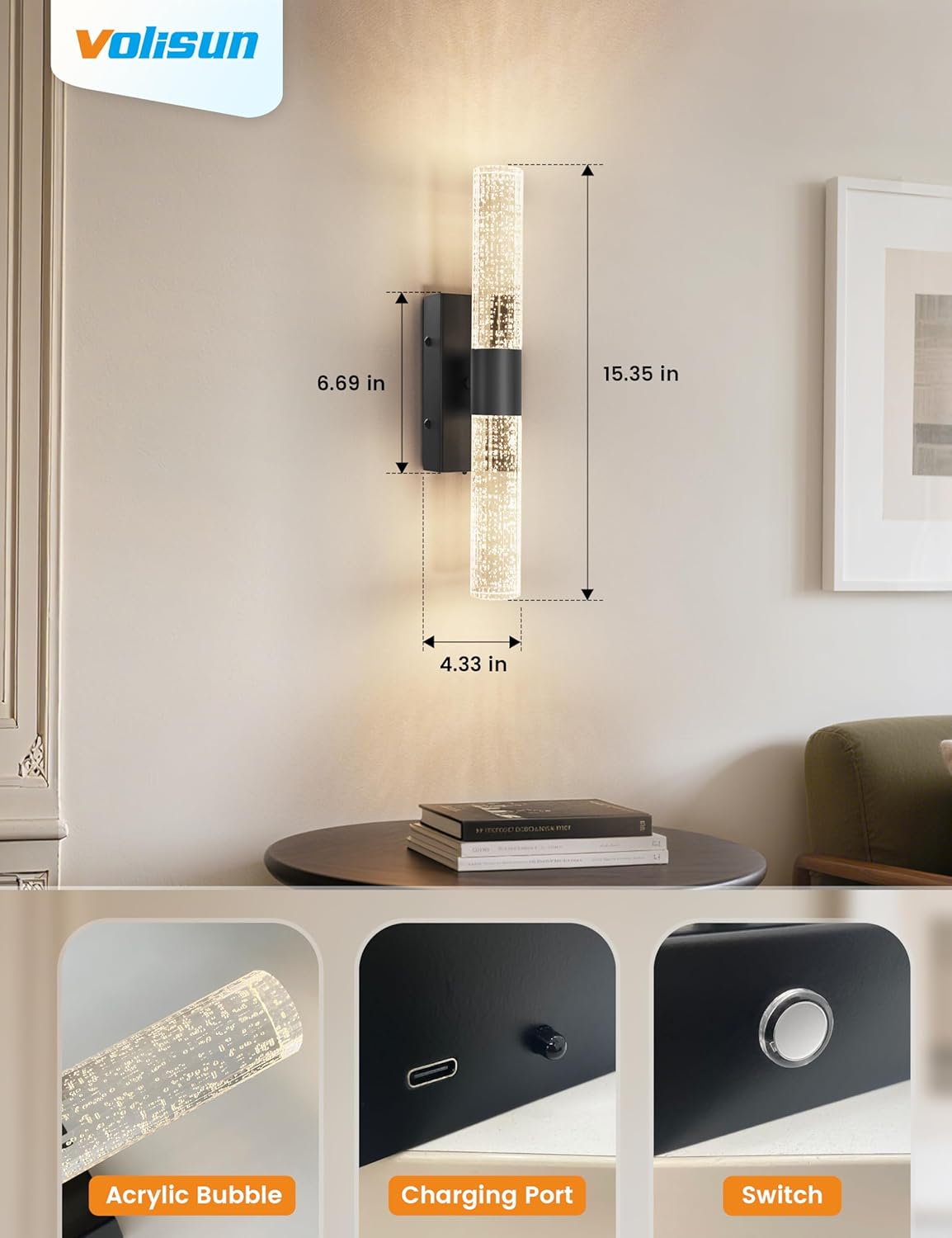 VOLISUN Battery Operated Wall Sconces Set of Two,Black Sconces Wall Decor Set of 2,Wireless Wall Sconces with