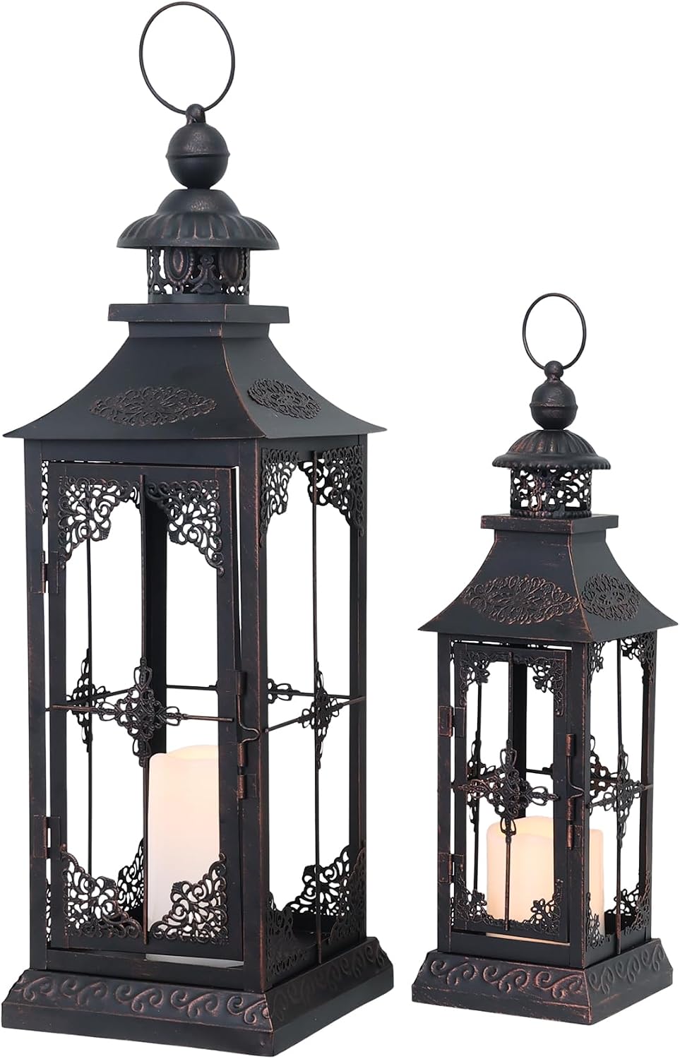 LED Lanterns Decorative Outdoor&Indoor, 23'' 16‘’ Large Black Lanterns with 2 Flameless Candles, Metal Holders for