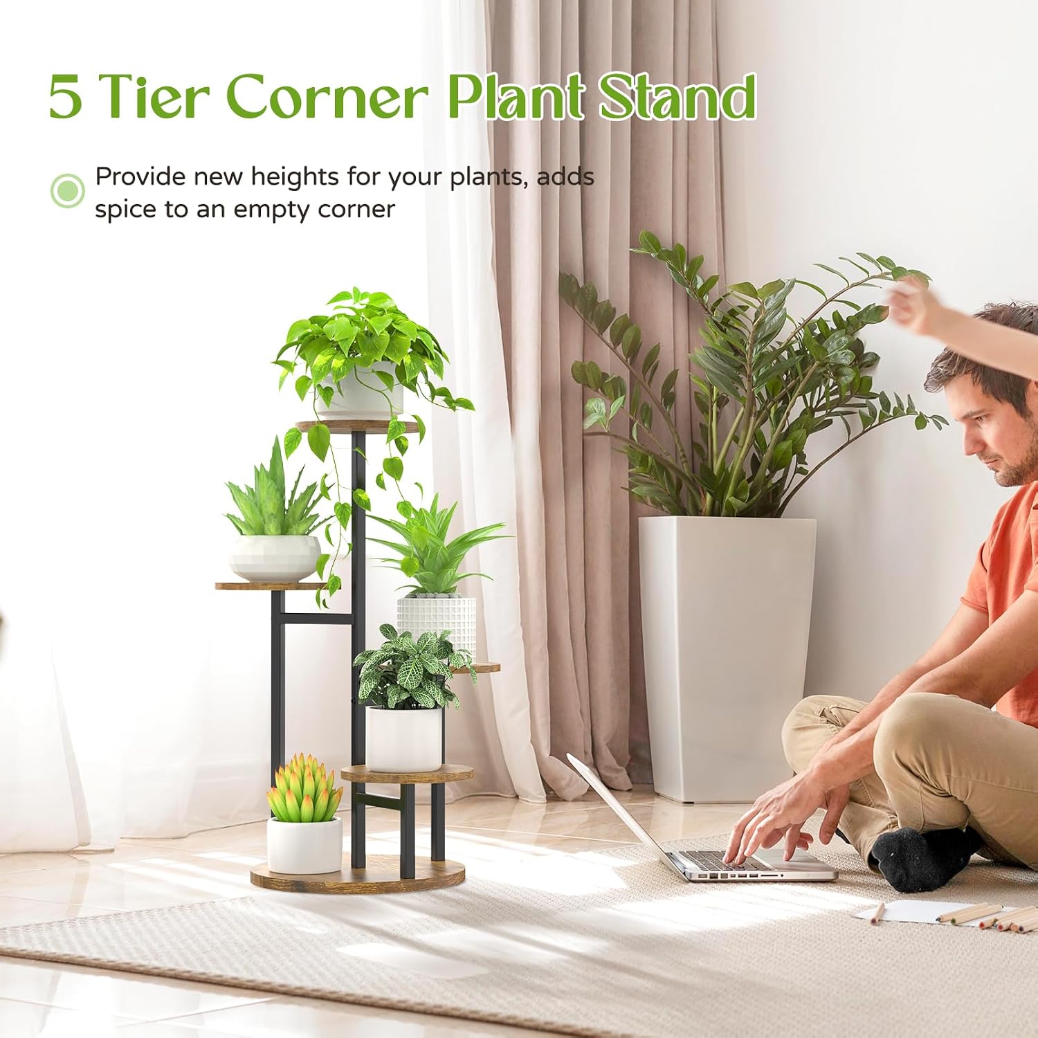 Oppro Plant Stand Indoor, 5 Tier Metal Wood Flower Multiple Shelf | Heavy Duty Round Sturdy Spiral Planter Orchid
