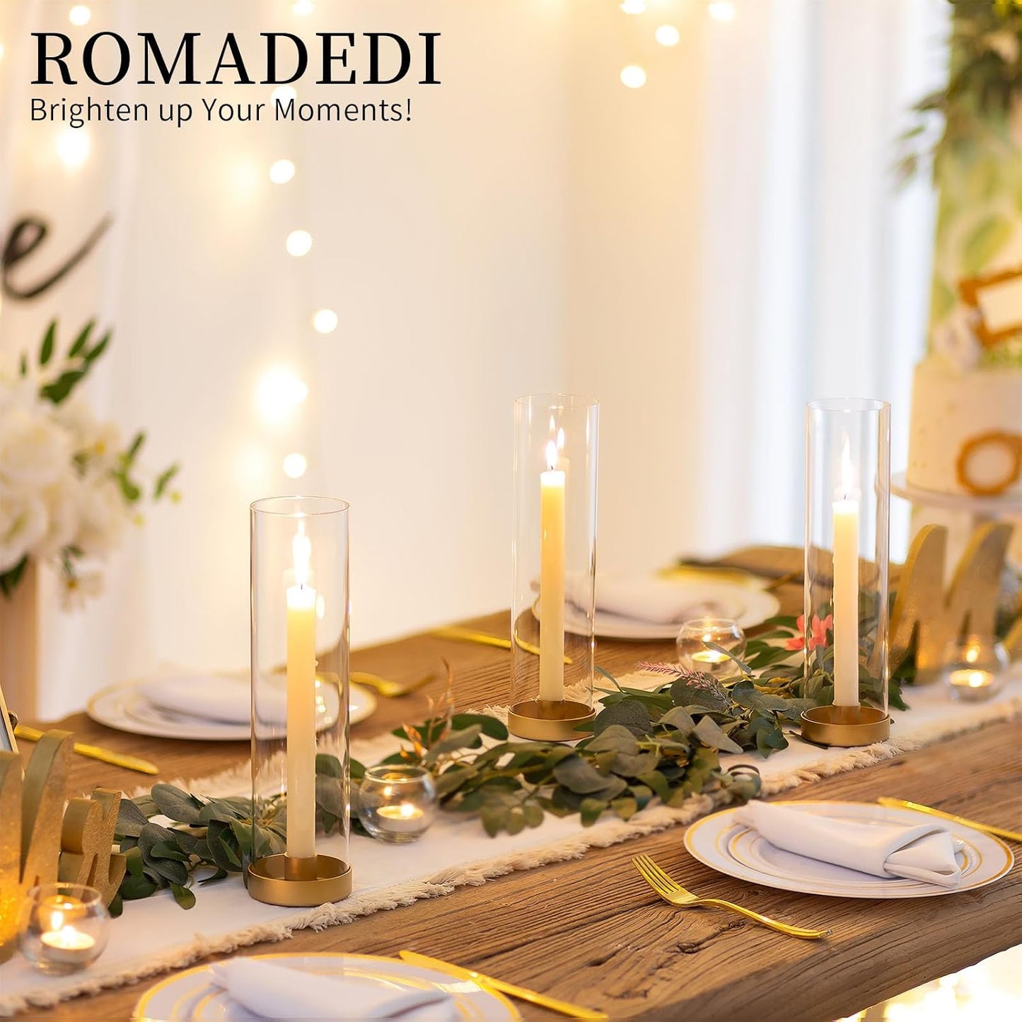 Romadedi Hurricane Candle Holders, 12" Tall, Pack of 12, Gold | Gold Base with Clear Glass Hurricane. Windproof and