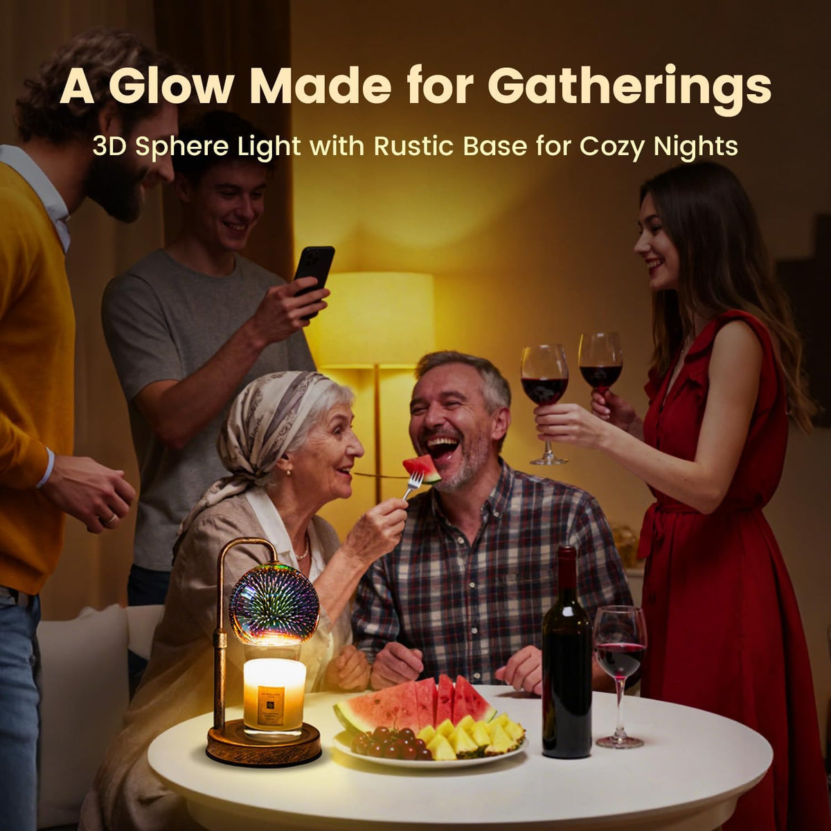 Glocusent Candle Warmer Lamp with Timer, Dimmable, Adjustable Retro 2 Bulbs | 3D Glass Globe with Firework Patterns