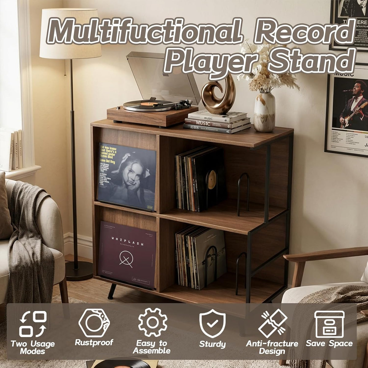 Faesun 3 Tier Record Player Stand with Flip-Down Record Shelf, Walnut | Vinyl Record Storage Holds up to 300+ Albums
