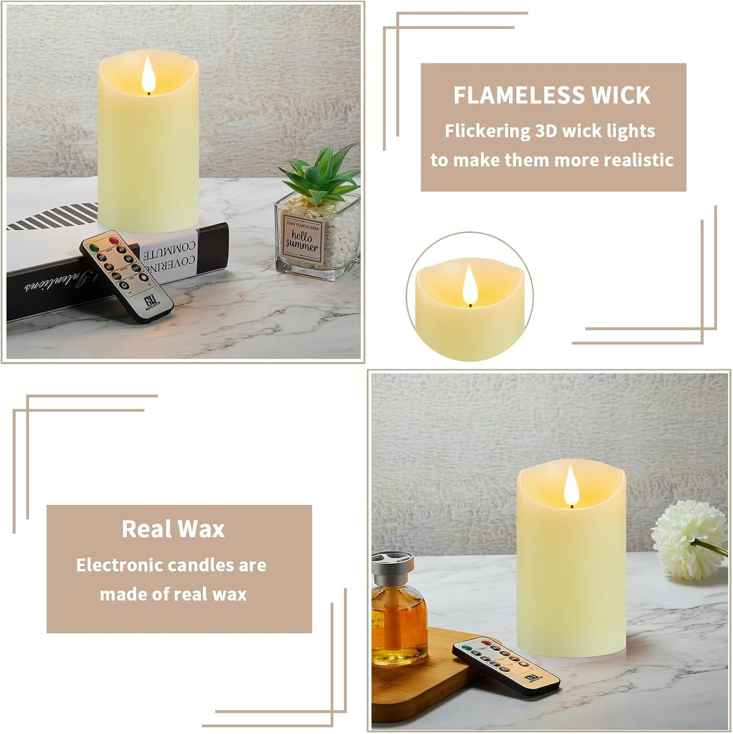 Flameless Candles with Rechargeable Battery, 3" x 4", Set of 2, Electronic Candles with Remote and Timer, led Pillar