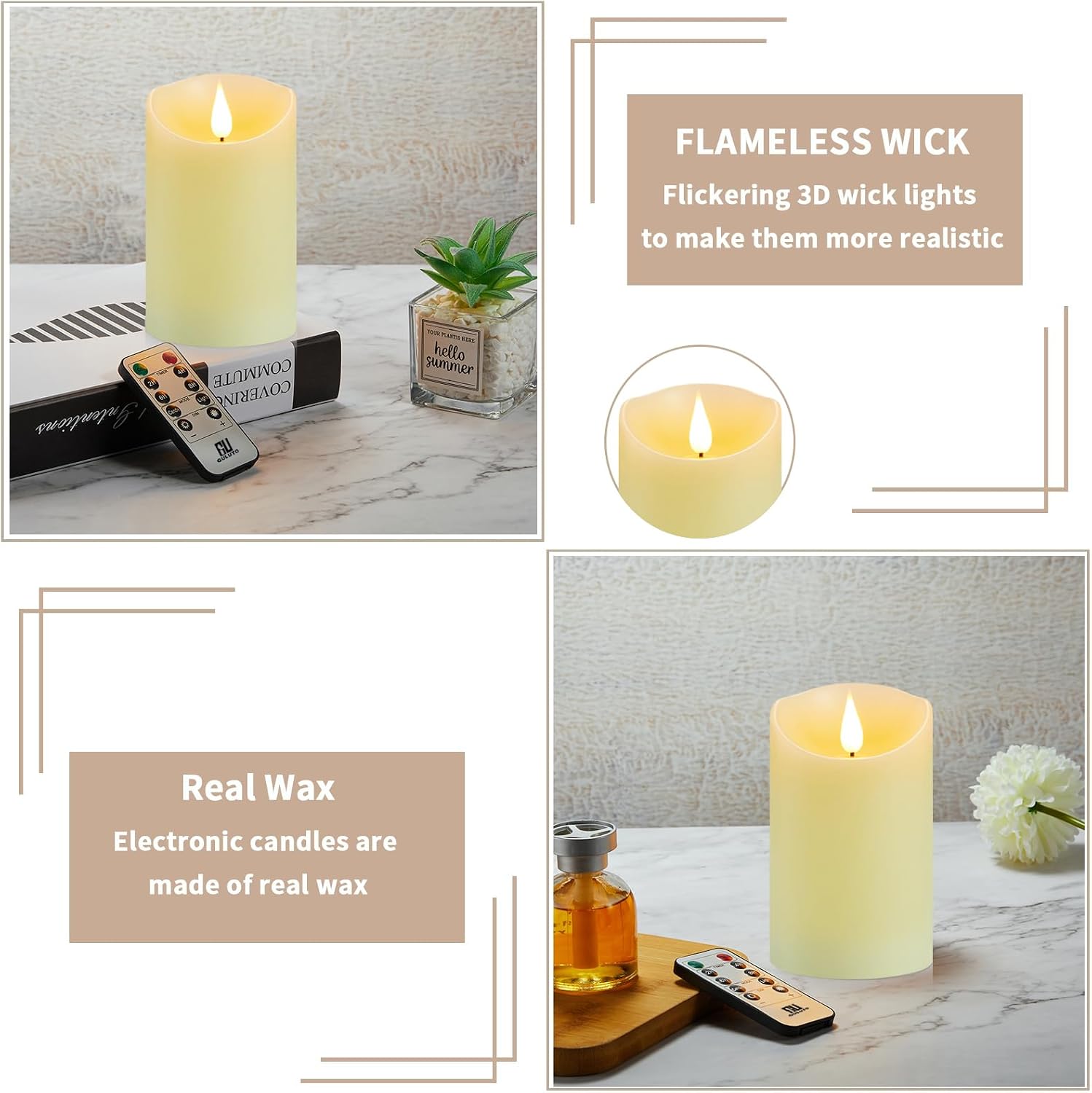 Flameless Candles with Rechargeable Battery, 3" x 4", Set of 2, Electronic Candles with Remote and Timer, led Pillar