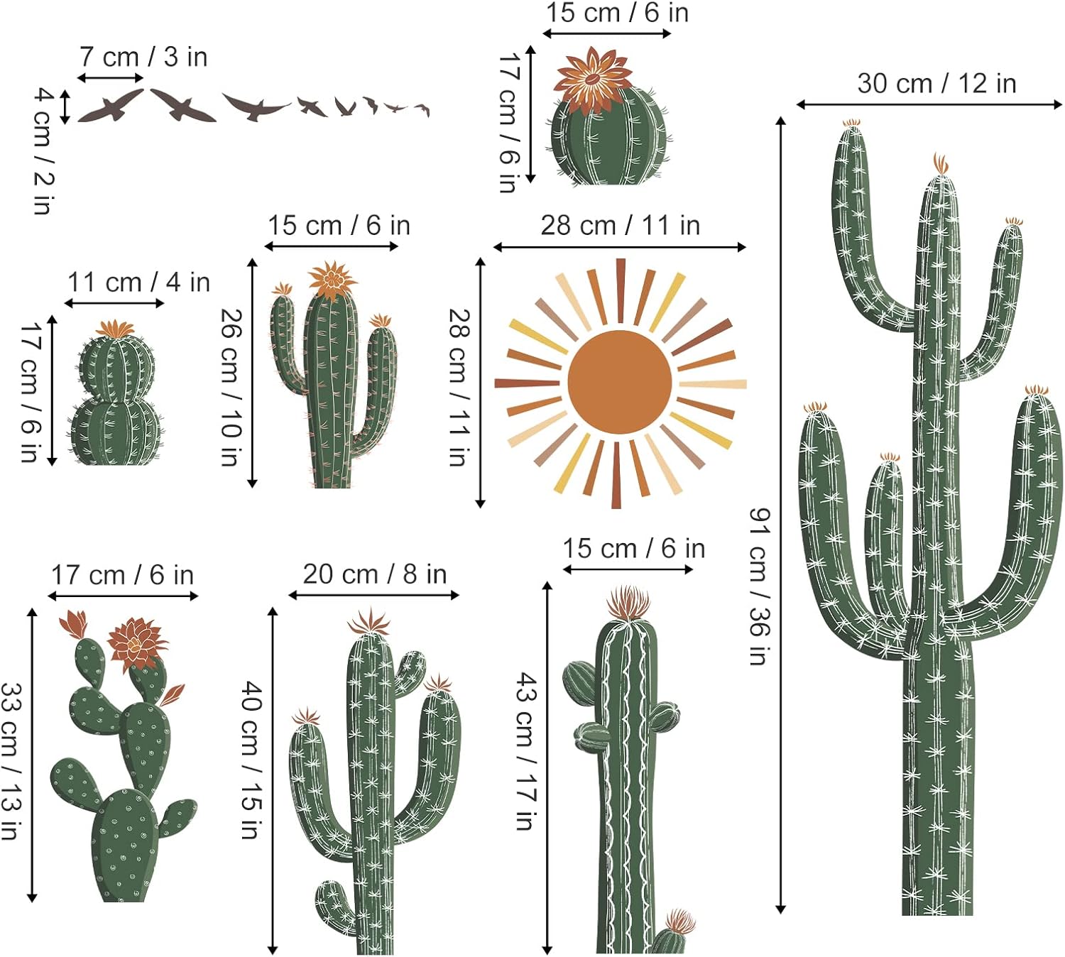 Boho Cactus Wall Stickers Tropical Cacti Plants Peel and Stick Wall Art Decals / Green