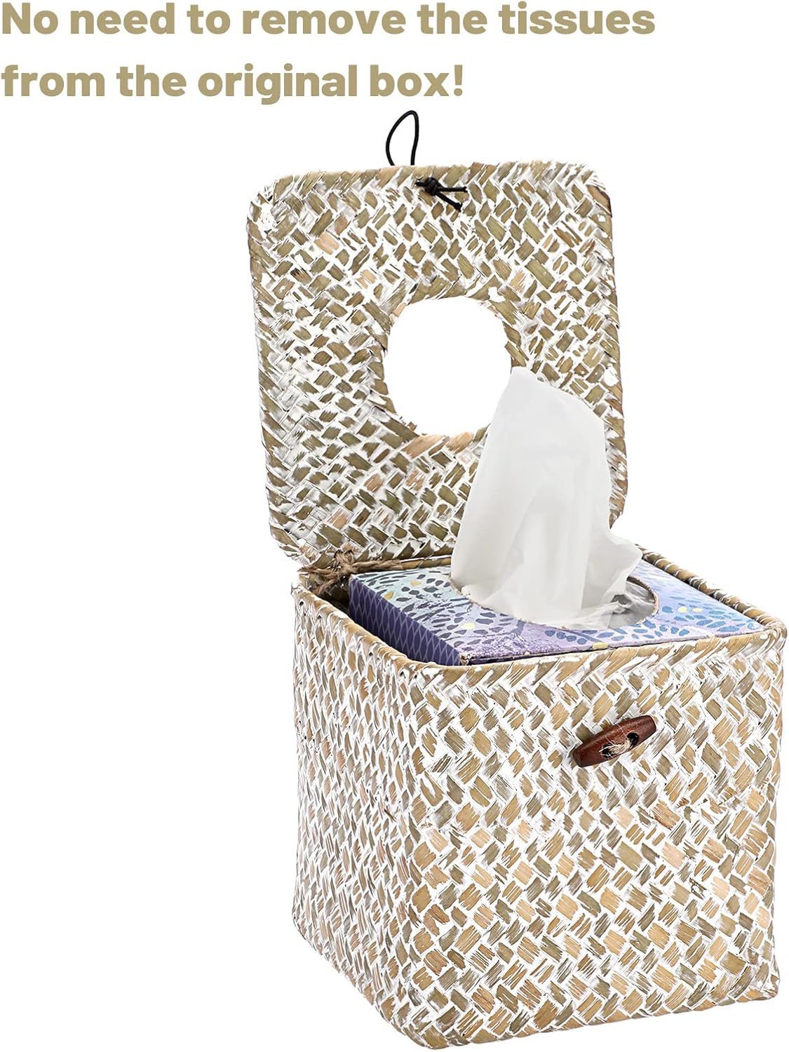 Woven Tissue Box Holder Rustic Cube Tissue Cover / Whitewash / Seagrass