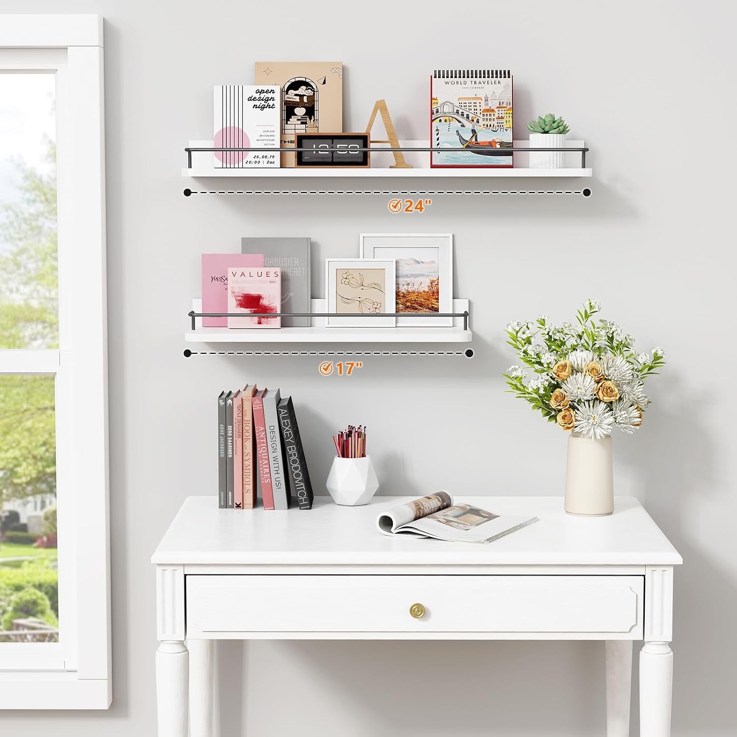Forbena Floating Shelves for Wall 24 Inches Long, Modern White Wall Shelving Unit for Bedroom, Wood Hanging Shelf for