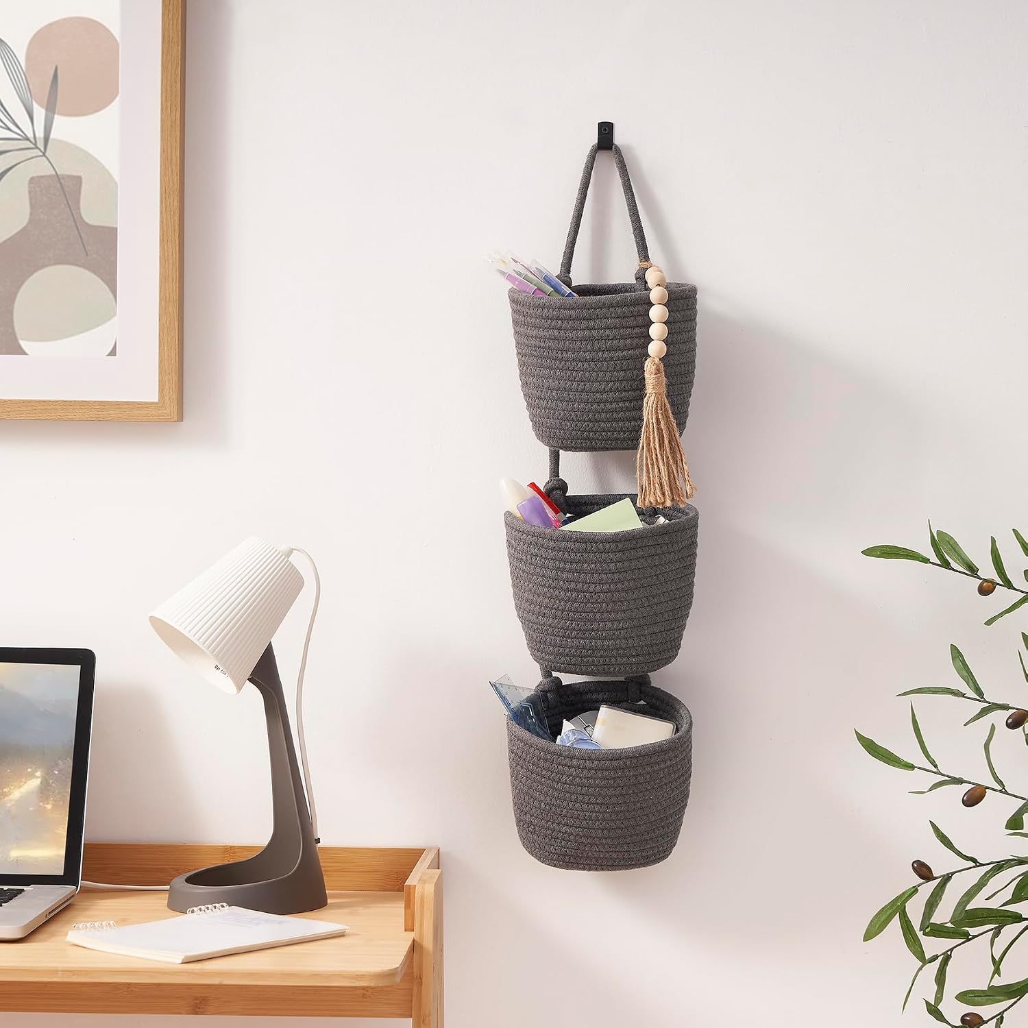 Woven Baskets Pouches Set Boho Style Wall Mounted Bag / Gray & Black / Small