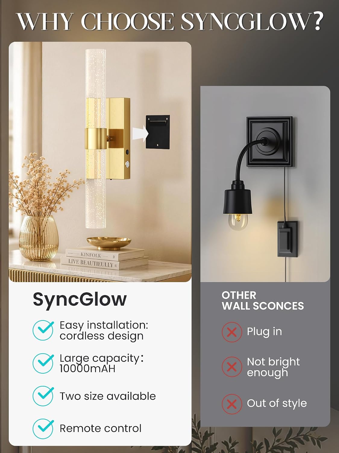 10000mAh Battery Operated Wall Sconces Set of 2, Gold, 15.3 Inch | 3CCT, Renter Friendly, Rechargeable Wall lights