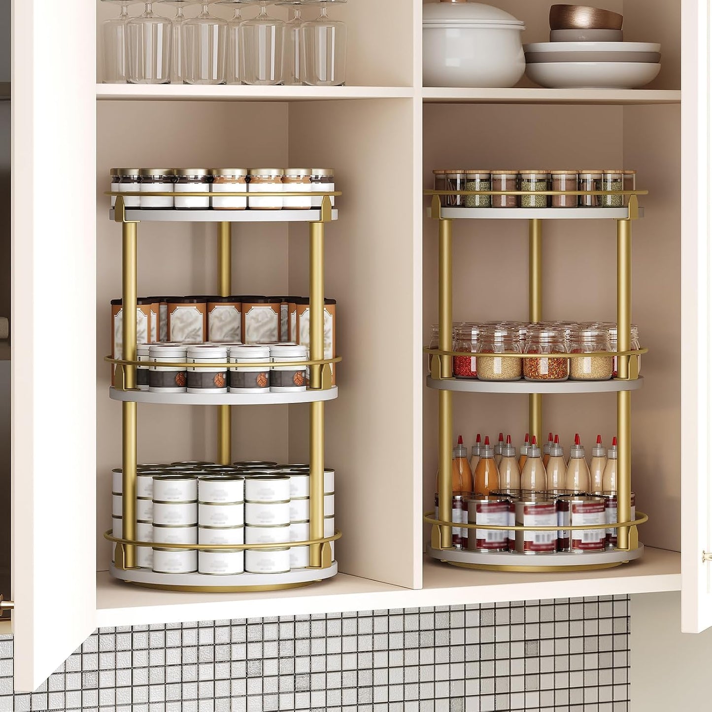 3-Tier Lazy Susan, Rotating Spice Rack, Spinning Organizer, Industrial Turntable Spice Rack for Cabinet, Kitchen