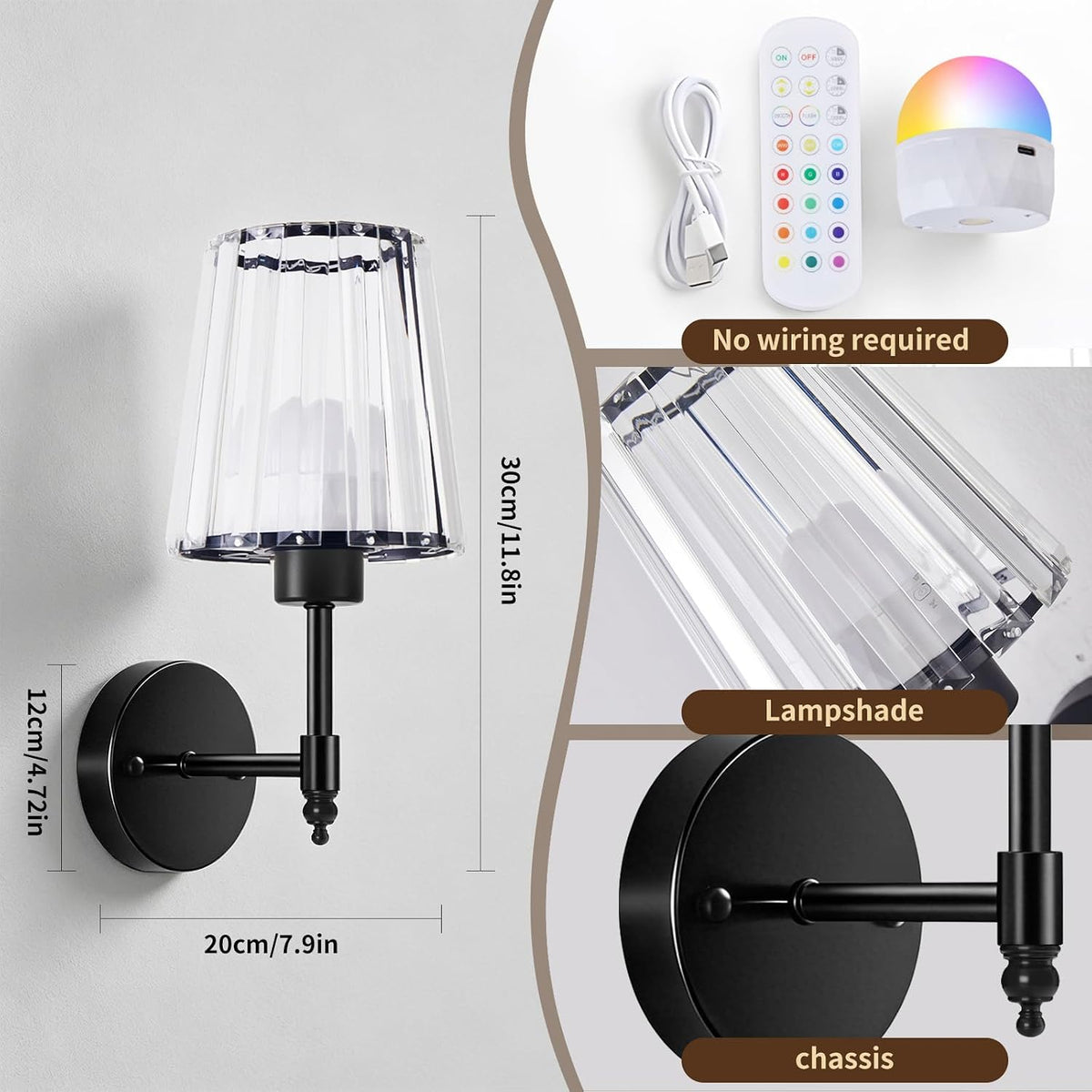 Battery Operated Wall Sconce Set of 2, Rechargeable Wireless Wall Lights | with 5200mAh Dimmable Bulbs and Remote,15