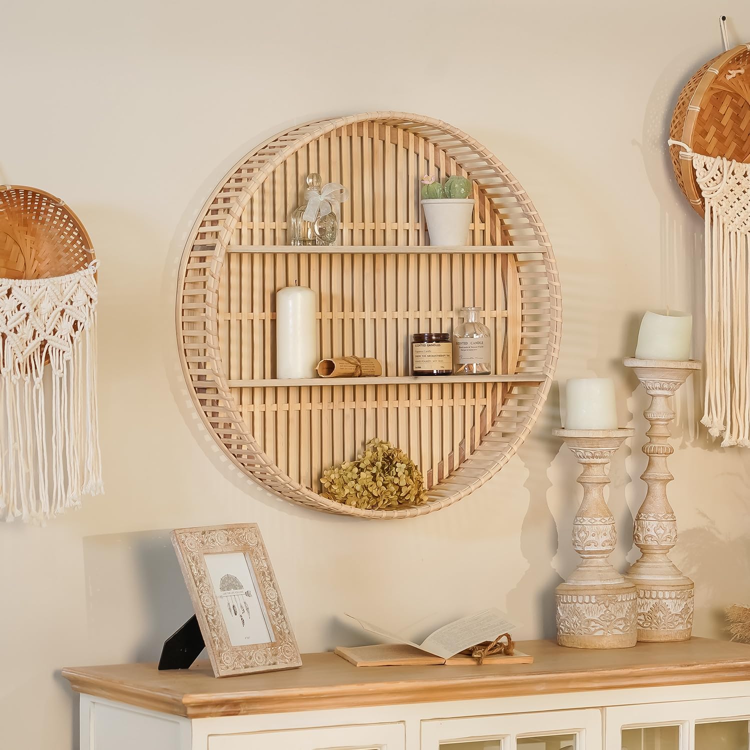 Rattan Wall Shelf 3 Tier Boho Wall Mounted Shelf Farmhouse Handcraft Round Floating Shelf Display