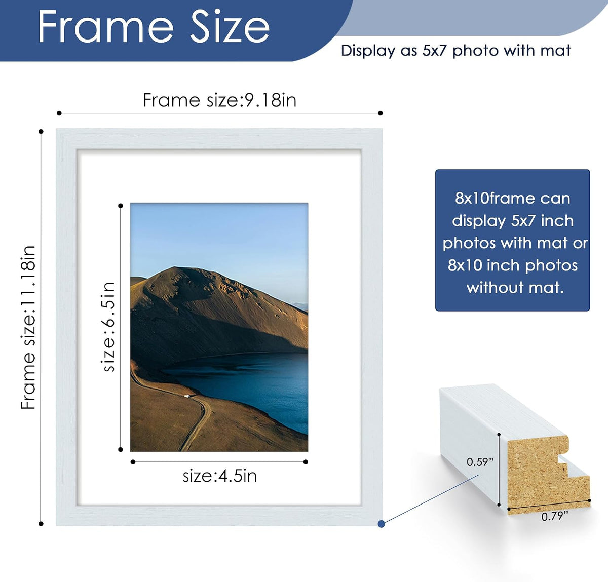 8x10 Picture Frame Set of 6, Wall or Tabletop Display, Blue | Display 5x7 with Mat or 8x10 Without Mat, Horizontal or