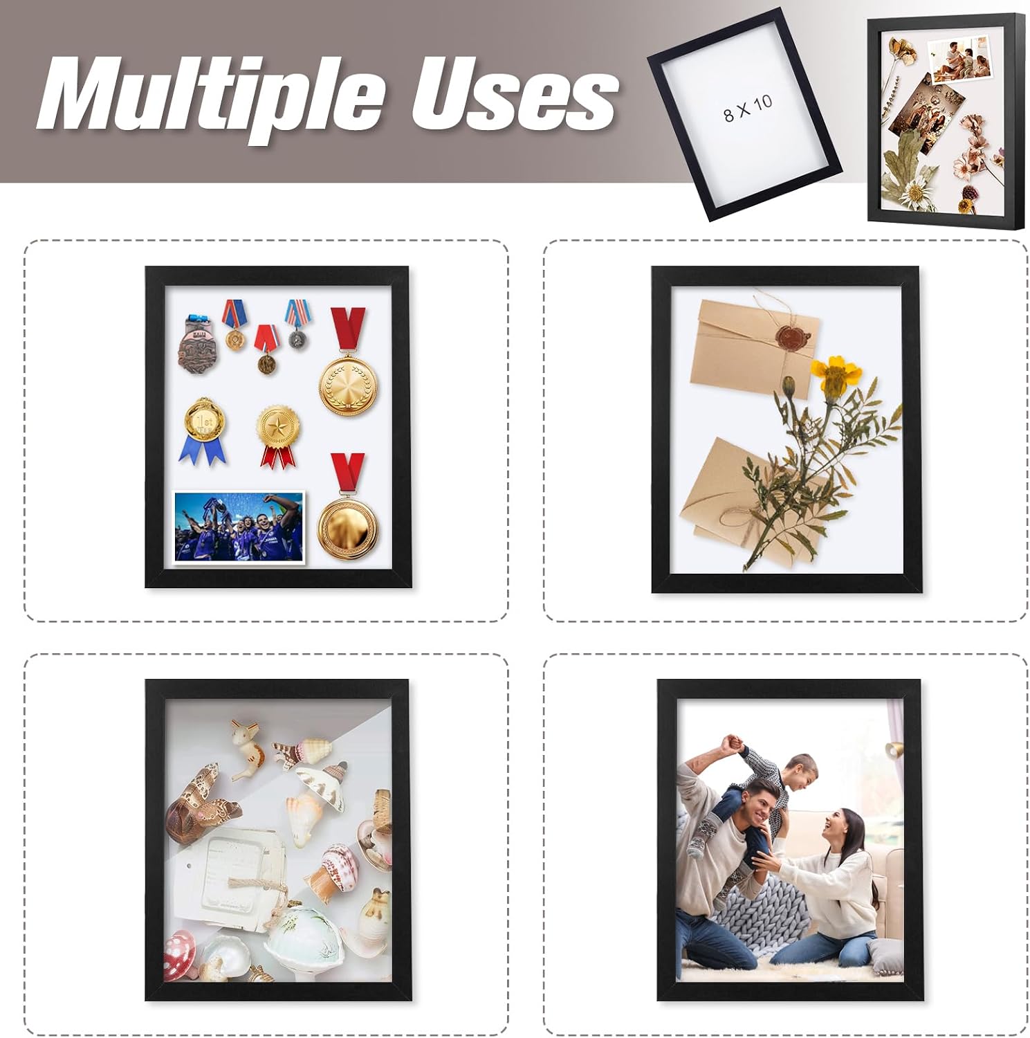 Muzilife 8x10 Shadow Box 3D Picture Frames, Wood & Glass, 3 Pack, Black | FSC-Certified MDF | With Stand | Tabletop or