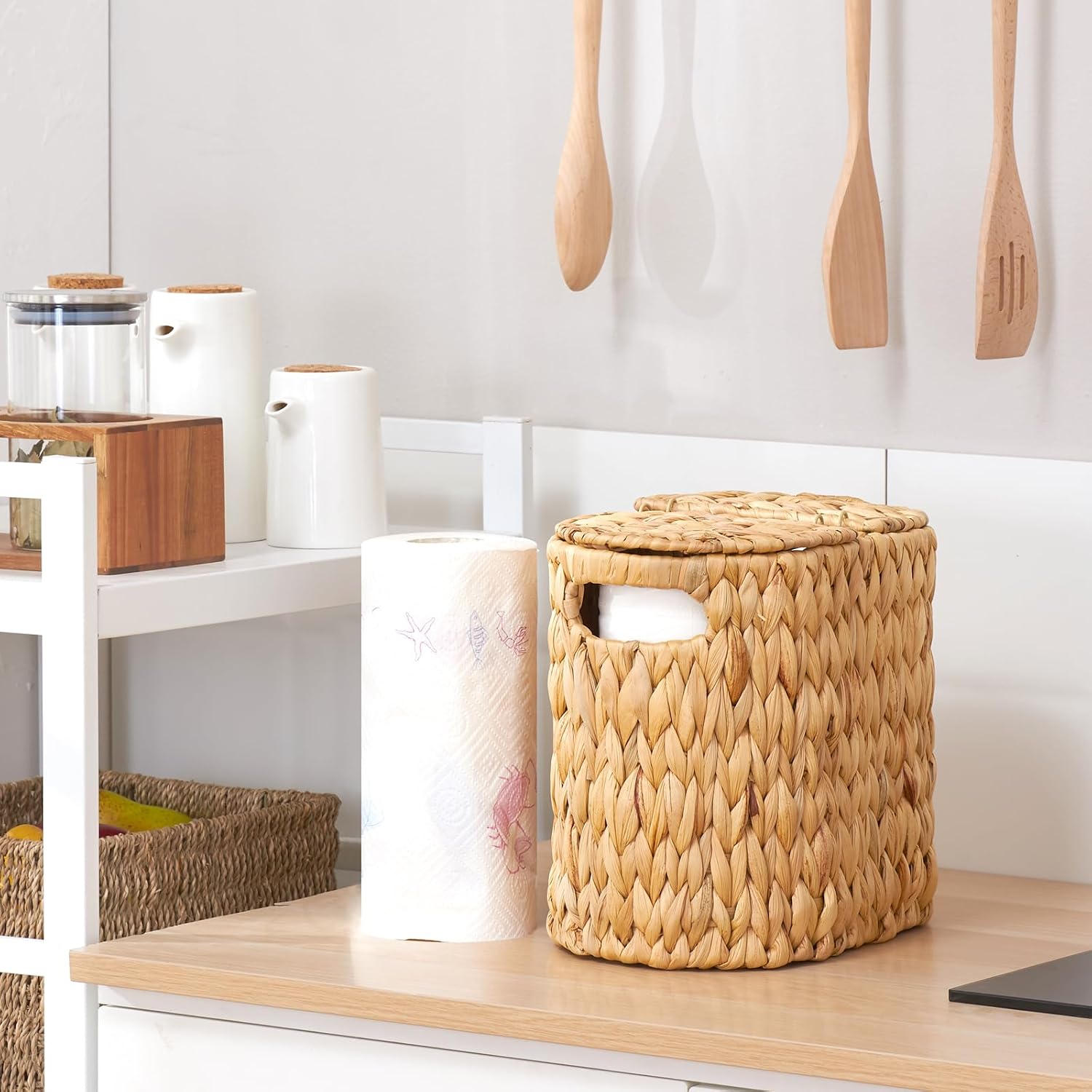 Toilet Paper Basket with Lid, Water Hyacinth Wicker Toilet Paper Storage Holder for 4 Rolls, Toilet Paper Storage for