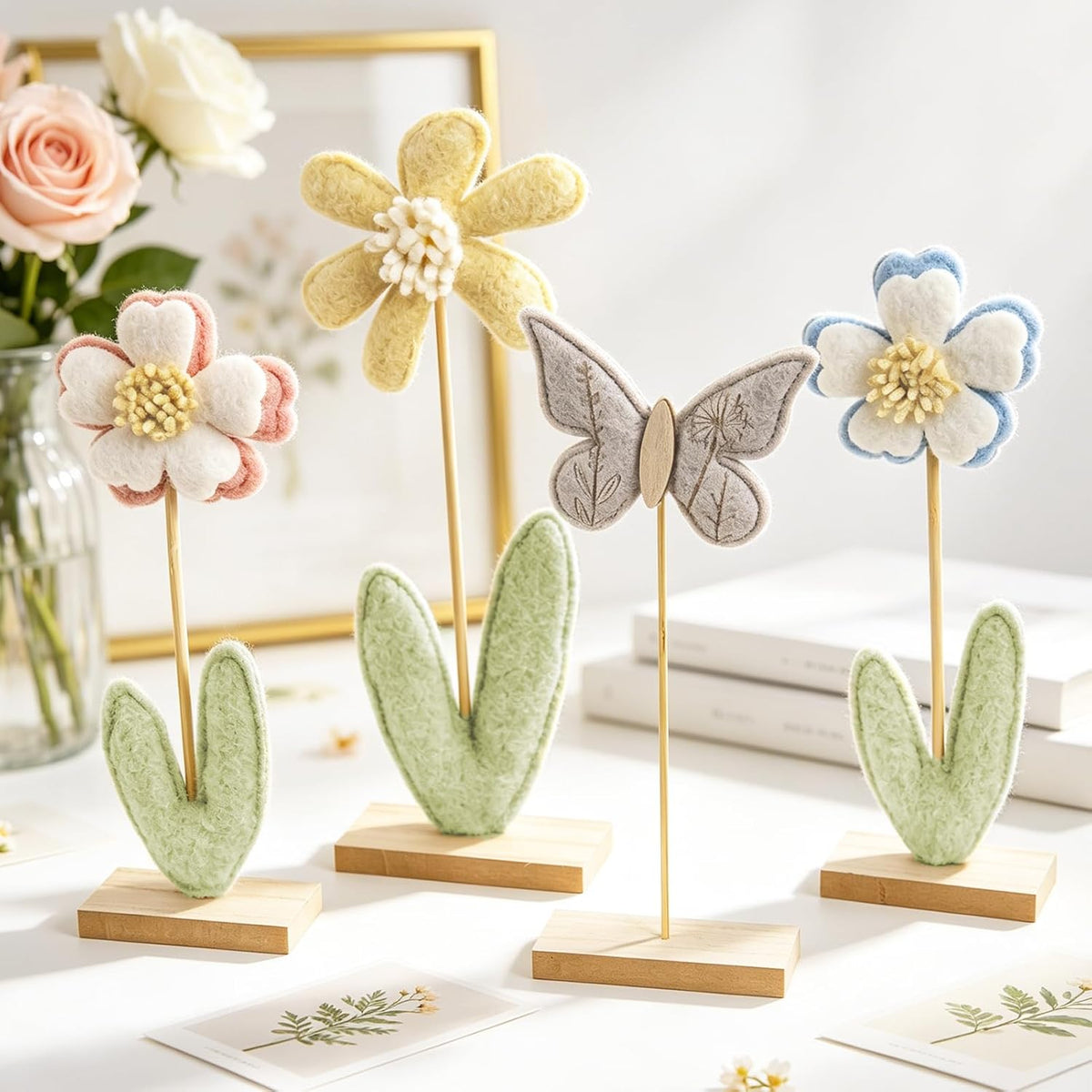 SUNBEAUTY Flower Centerpieces for Tables Felt Flower Butterfly Tabletop Decor with Wooden Base Boho Nursery Baby Girl Shelf Decor