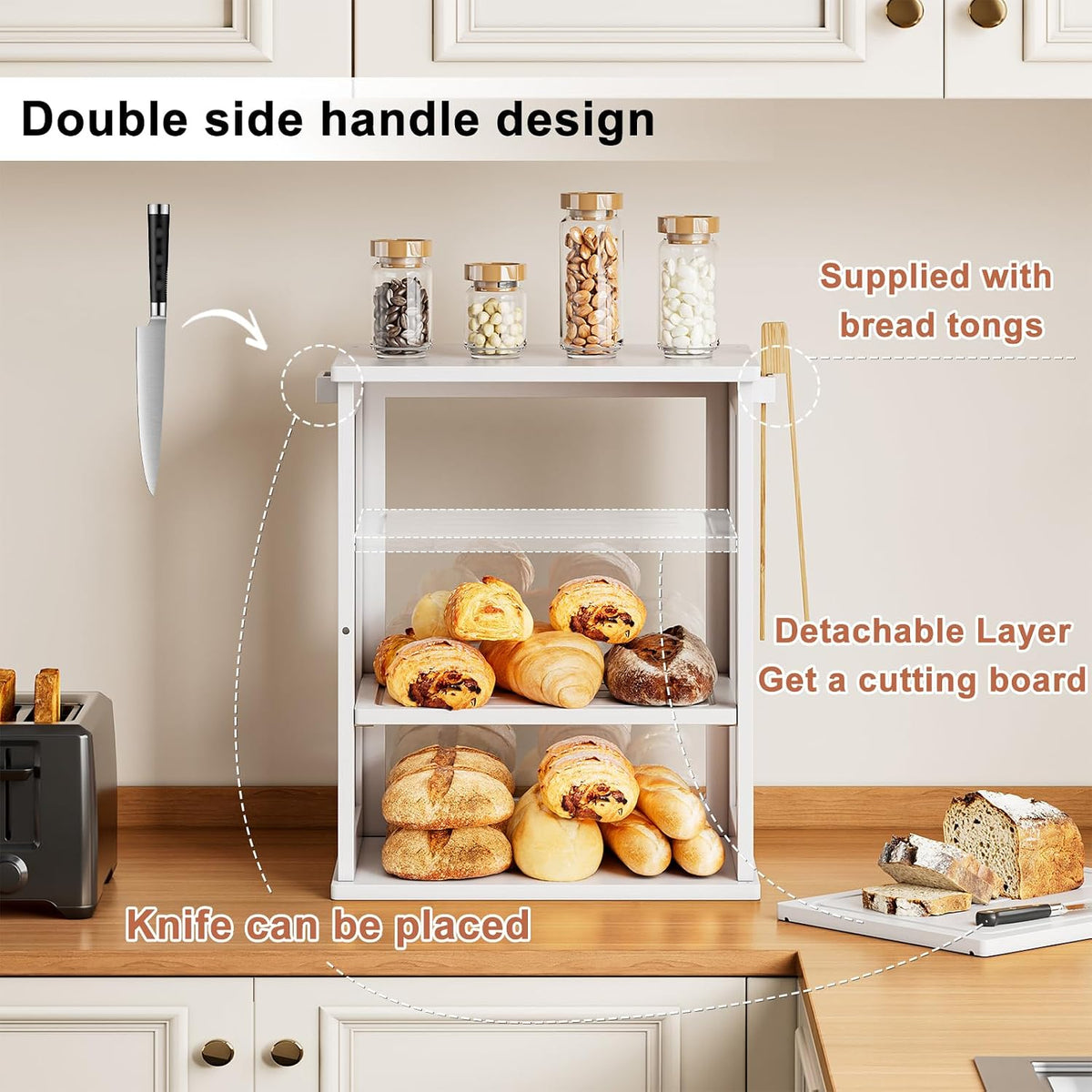 WOWLIVE Bread Box for Kitchen Countertop, 3 Layers Bread Storage Container | Large Bamboo Bread Bin for Homemade Bread