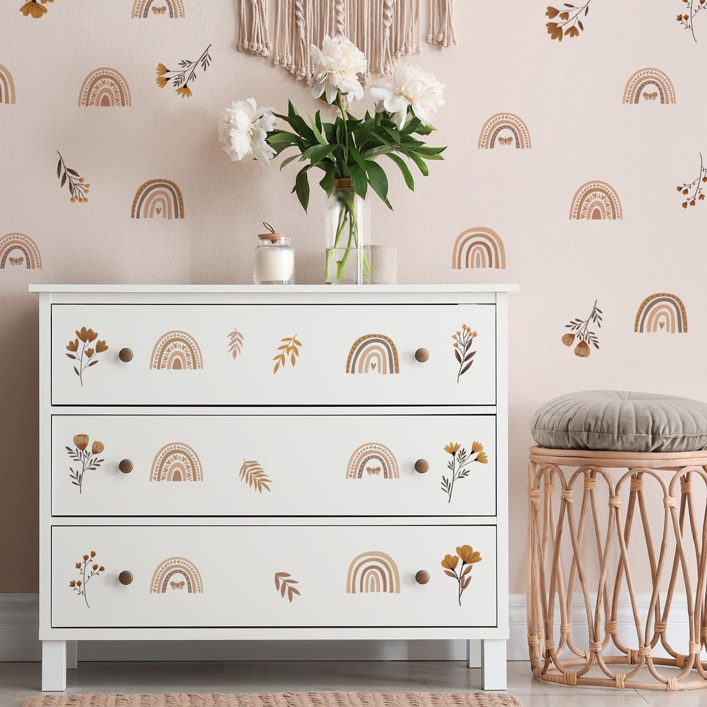 Wall Decals for Nursery & Kids Room / Boho Rainbow Floral / 12 Sheets / Set of 96