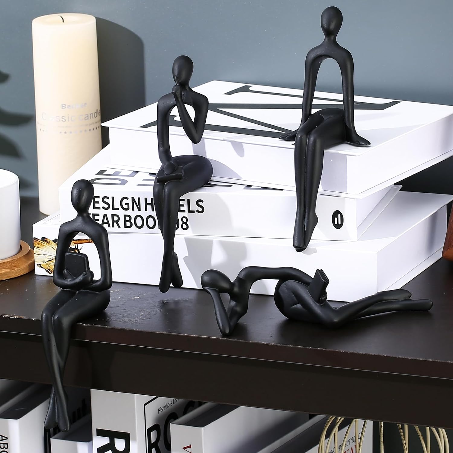 Bookshelf Decor Thinker Statue Figurines -Decorate Your Home / Black / Set of 4