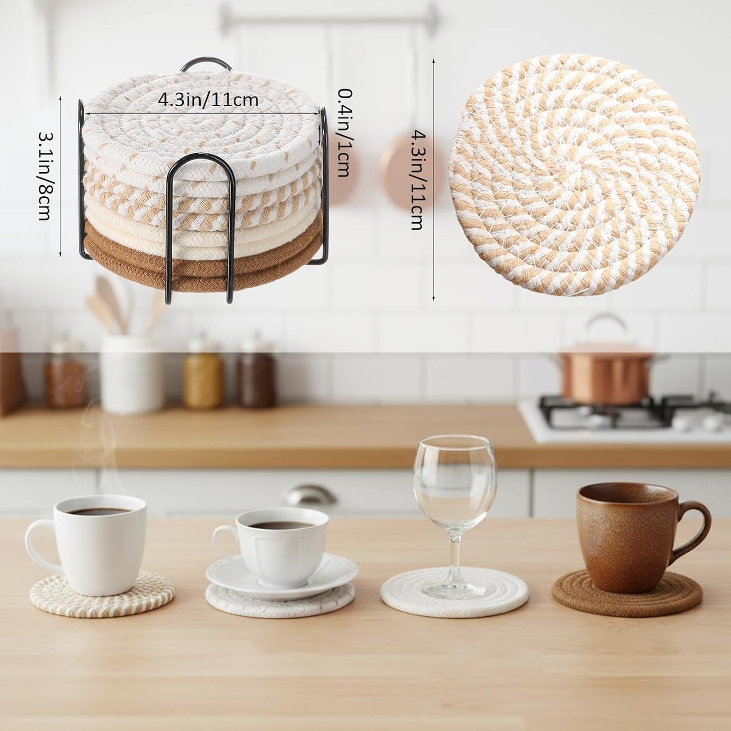 11.8" Hand-Woven Round Wicker Tray Circle Rattan Decorative Serving Tray Cotton Woven Coaster Wood