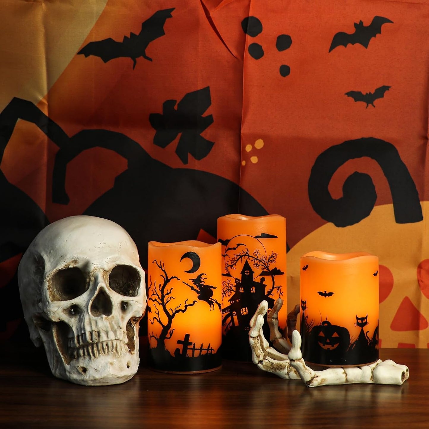 GenSwin Halloween Candles with Timer, Flickering Flameless Candles Battery Operated, 3 Pack Real Wax Pillar Candles for