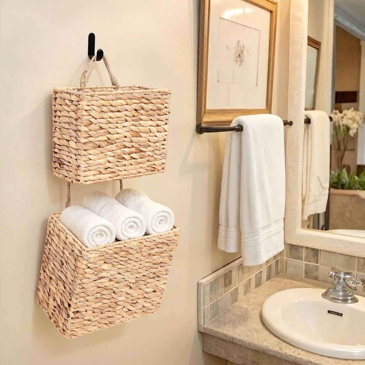 Woven Water Hyacinth Hanging Basket 2-Tiered Storage Baskets Over the Door Organizer / Rectangular