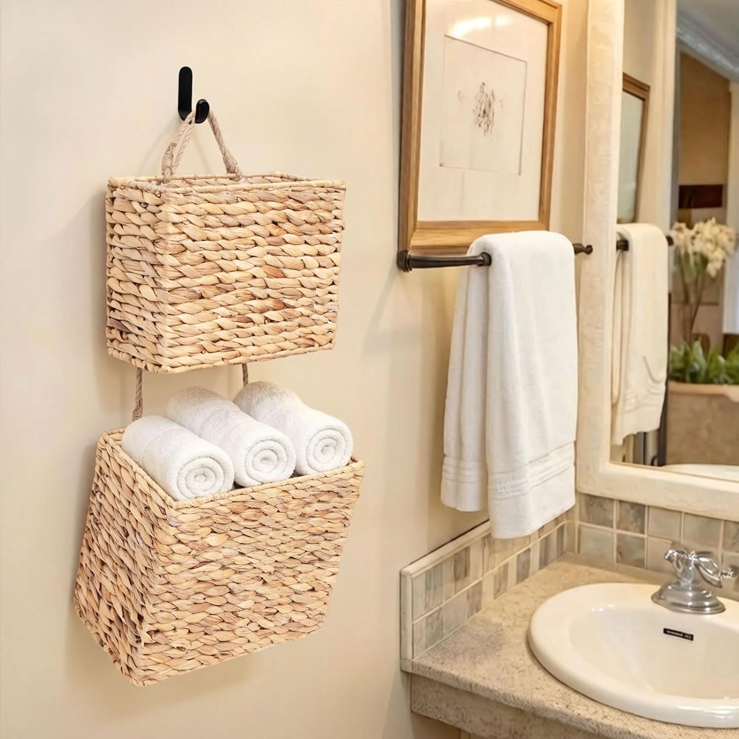 Woven Water Hyacinth Hanging Basket 2-Tiered Storage Baskets Over the Door Organizer / Rectangular
