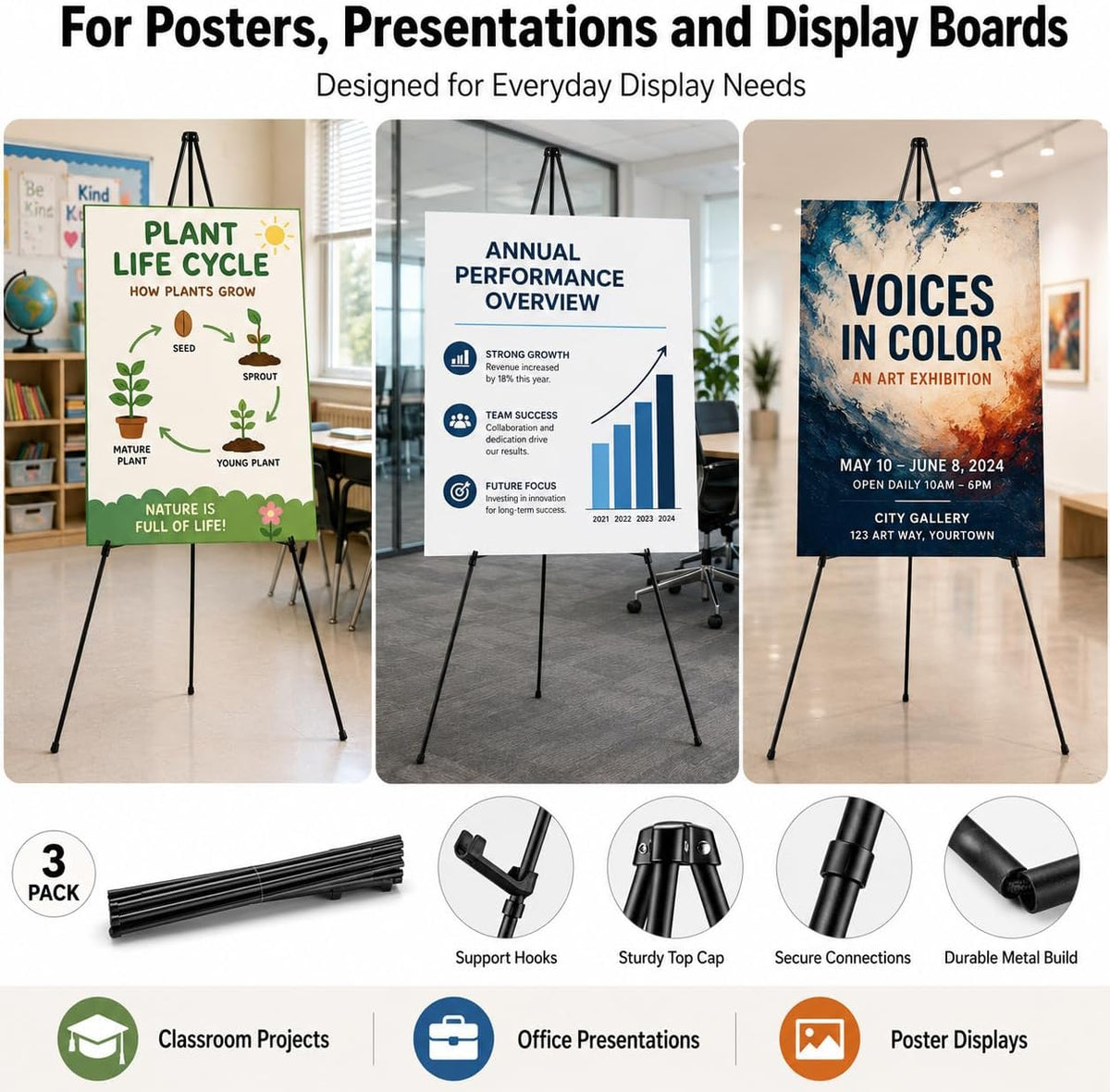 3 Pack Easel Stand for Sign, 63 Inch Portable Display Easel Stand, Black Metal Floor Easel for Wedding Welcome Sign
