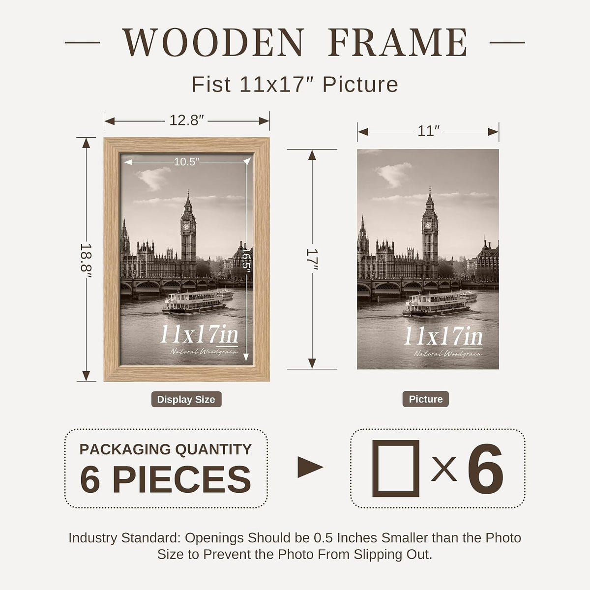 VCK 11x17 Picture Frame Set of 6, Elegant Oak Wood Prints Frame | 1.1in Wide Border, Wall Hanging, HD Plexiglass