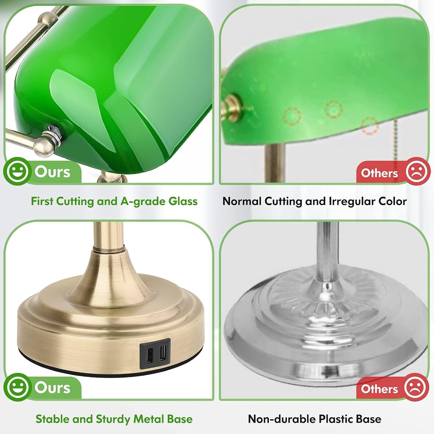 Bankers Lamp with 2 USB Ports, Touch Control Green Glass Desk Lamp with Brass Base, 3-Way Dimmable Vintage Desk Lamp