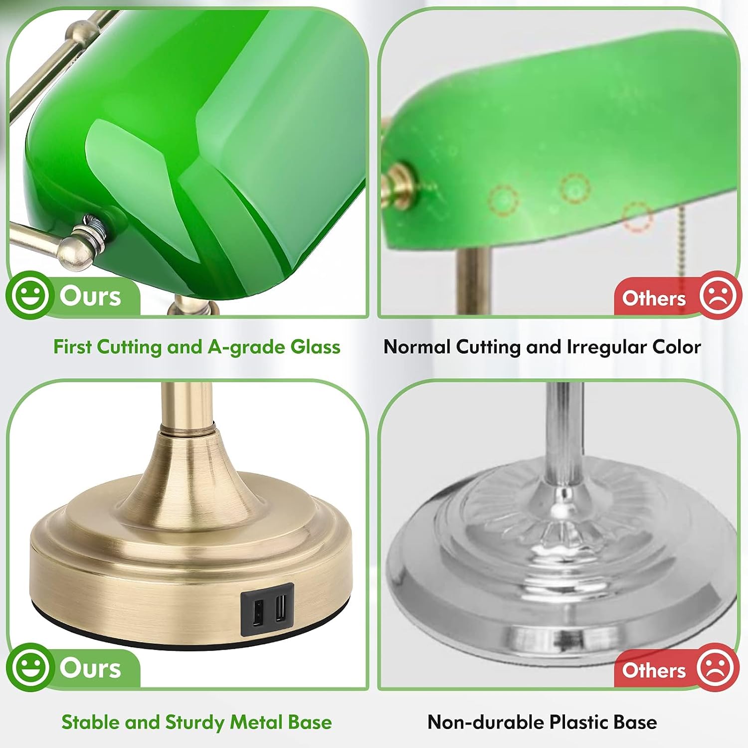 Bankers Lamp with 2 USB Ports, Touch Control Green Glass Desk Lamp with Brass Base, 3-Way Dimmable Vintage Desk Lamp