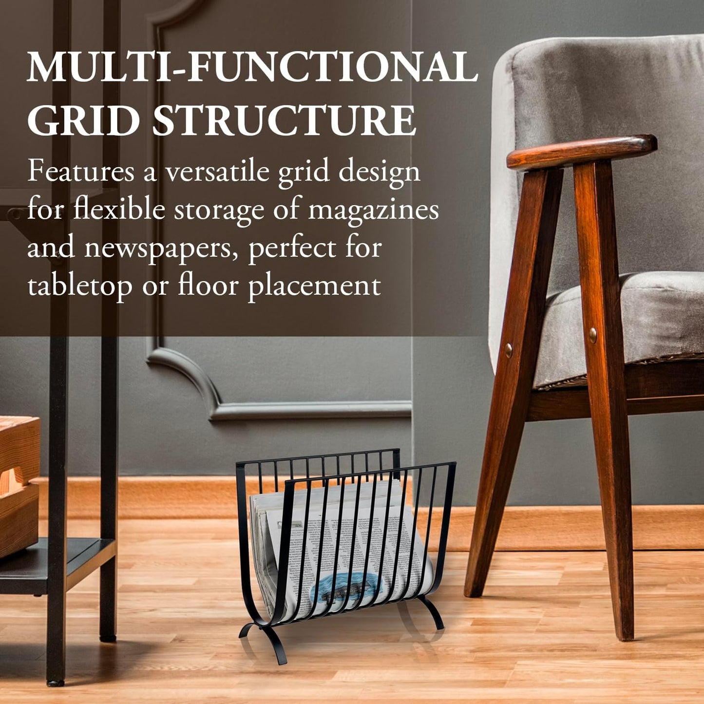 MyGift Matte Black Metal Magazine Rack, Deluxe Mid Century Wire Magazine Rack, Tabletop or Floor Standing Sling Basket