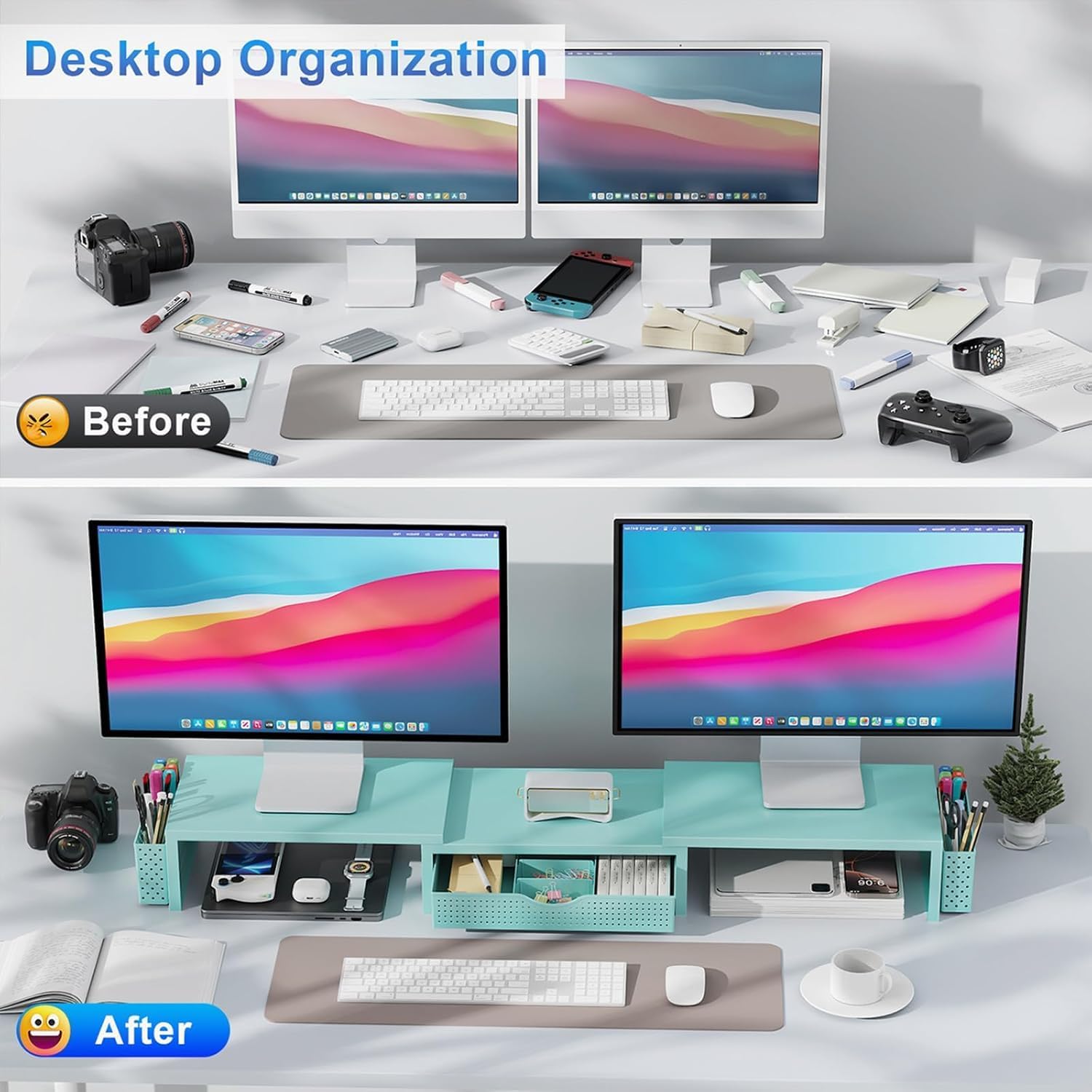 gianotter Dual Monitor Stand Riser With Drawer and 2 Pen Holders | Computer Monitor Stand Desk Organizer and