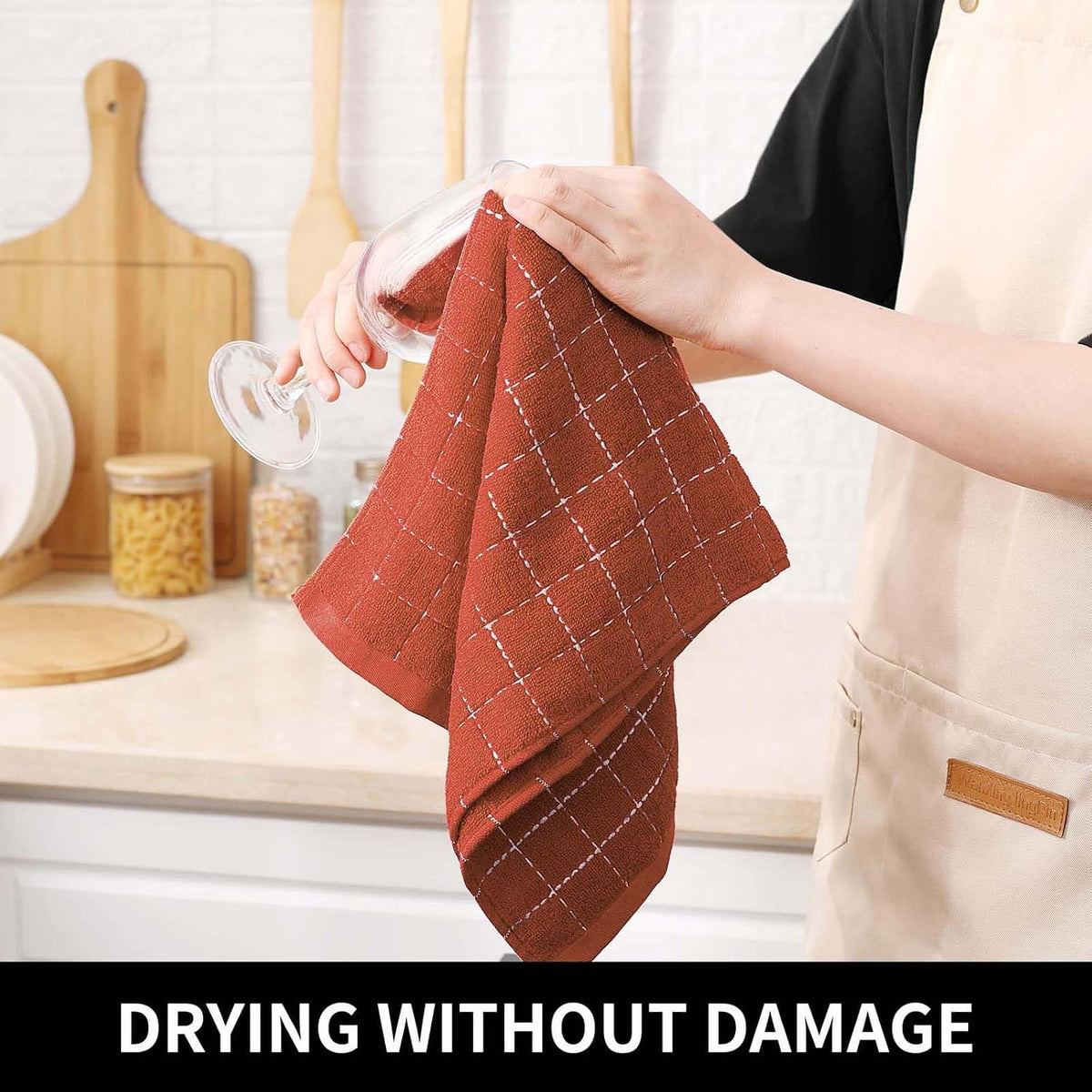 Homaxy Kitchen Towels and Dishcloths Set, Set of 16, Rust | Bulk Cotton Terry Kitchen Towels, Checkered Designed, Soft