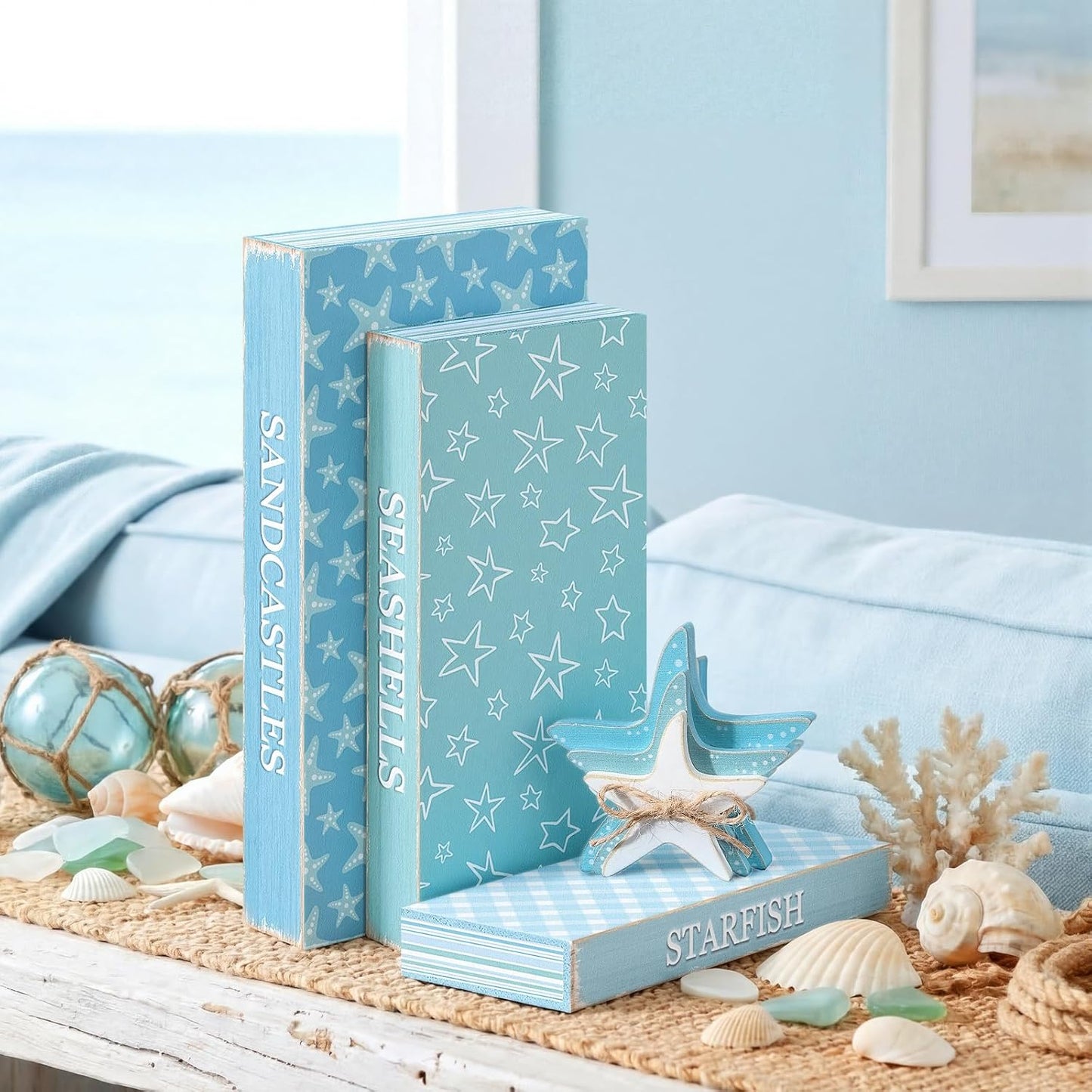 Wooden Coastal Decorative Books / Summer Starfish / Set of 4