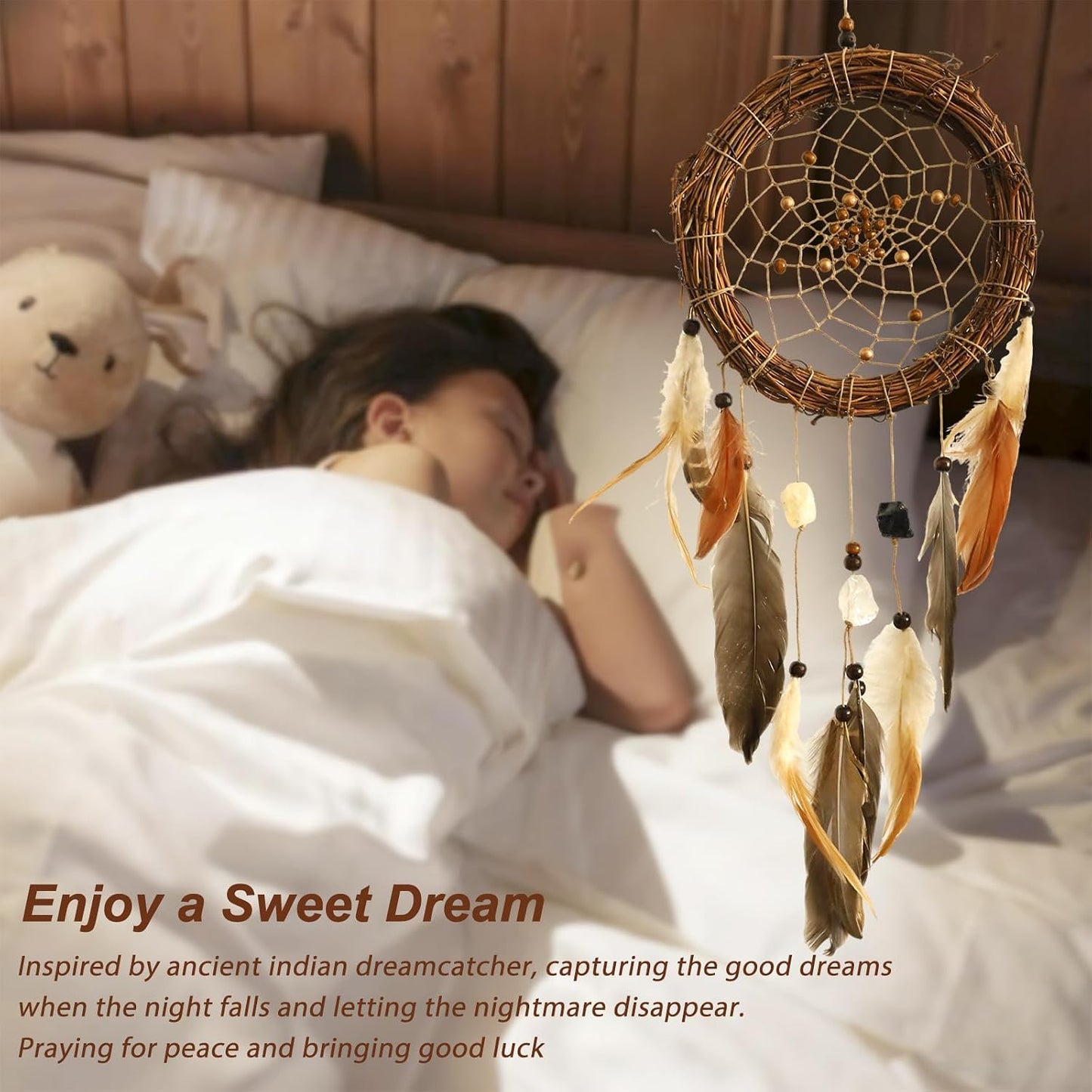 Dream Catcher Native American Boho Dreamcatcher Rattan Wall Decor / Brown with Crystal