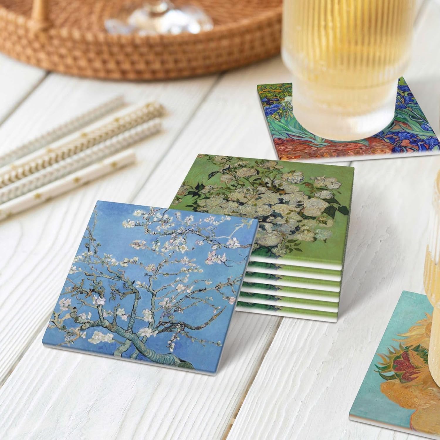 Absorbent Ceramic Coasters for Drinks / Square - Van Gogh - 2 / Set of 6