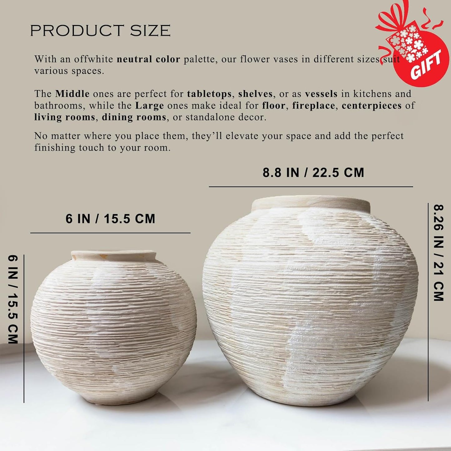 Rustic Farmhouse Vase Home Decor / 02 - Small Rustic Ribbed Whitewash / 6 Inch