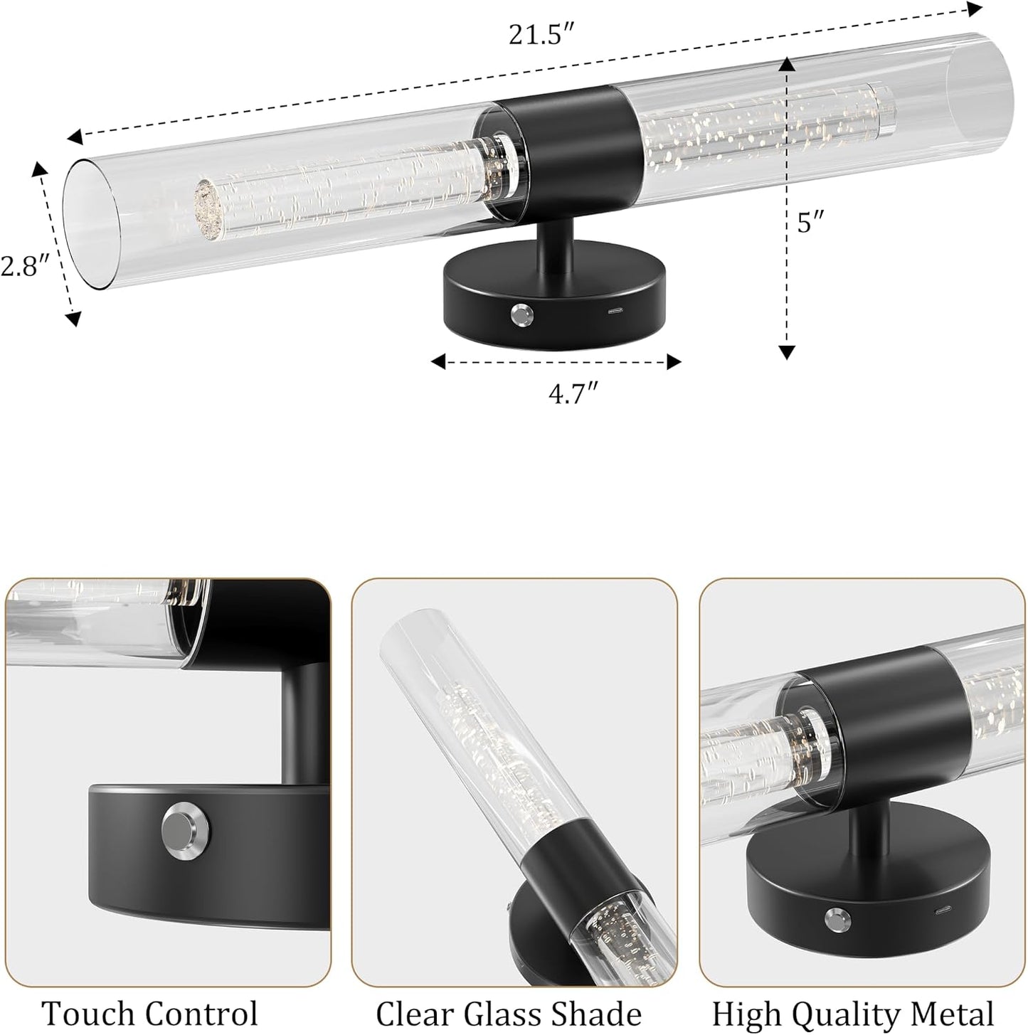 Black Wall Sconces Battery Operated with Remote Control, 21.5 Inch 3CCT | Rechargeable Wall Sconce with Timer