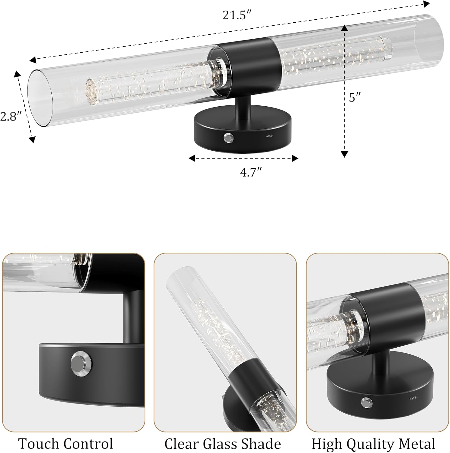 Black Wall Sconces Battery Operated with Remote Control, 21.5 Inch 3CCT | Rechargeable Wall Sconce with Timer