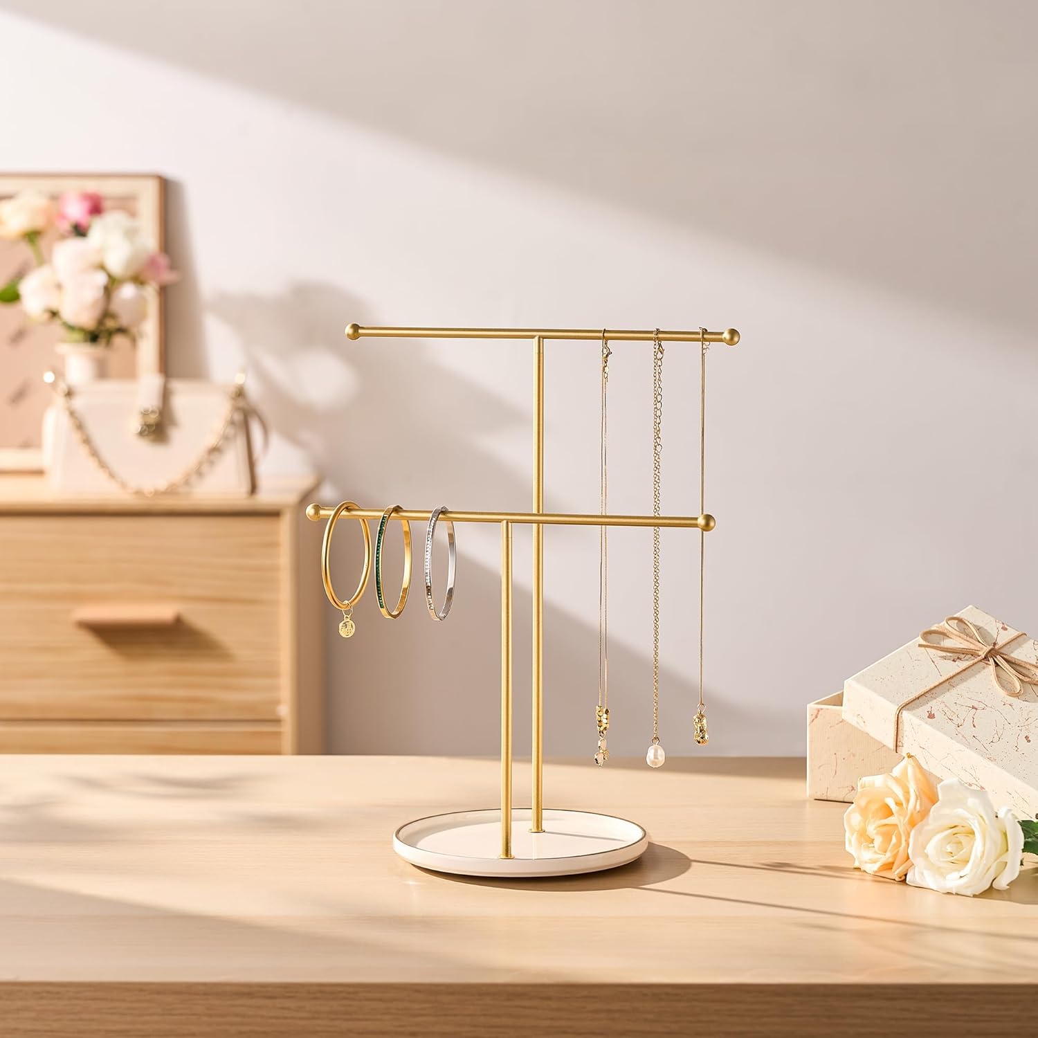 Ceramic Tray / Gold Jewelry Holder Stand / White Tray Gold Bar