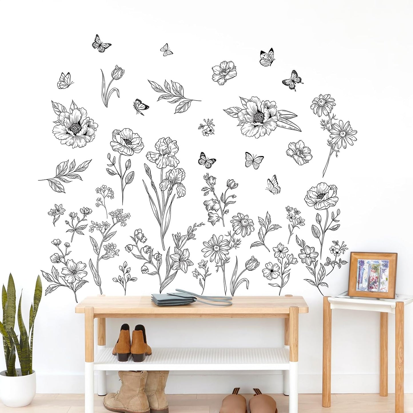 Large Boho Flower Wall Decals Wildflower Butterfly Simple Wall / Simple Sketch Flower / Black