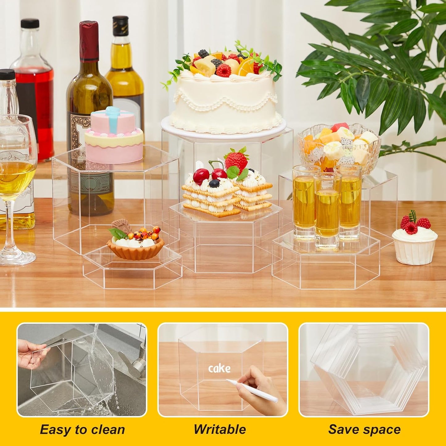 Acrylic Buffet Risers Stands for Food Display Cubes Box / Clear / 5.5 To 8 Inch / Hexagonal / 8 Inch